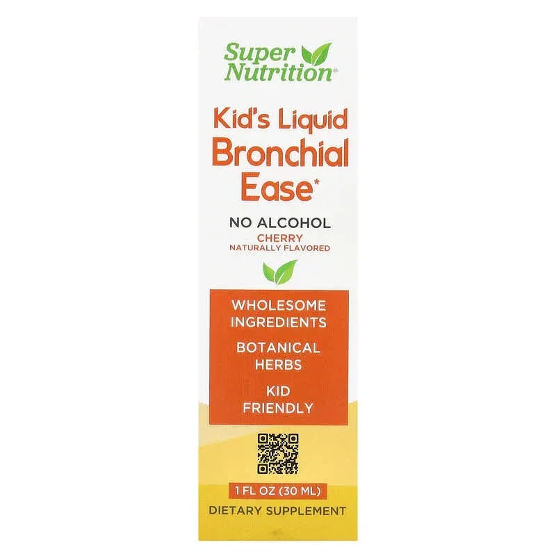 Super Nutrition, Kid's Liquid Bronchial Ease with Lovage Root, Fresh Yerba Santa Leaf, Licorice Root, and Mullein Leaf, No Alcohol, Cherry, 1 fl oz (30 ml)
