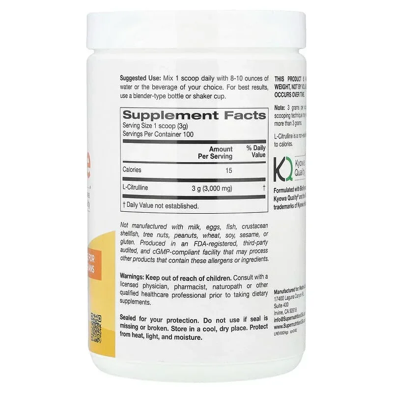 Super Nutrition, L-Citrulline, Unflavored, 10.58 oz (300 g) - Image 2