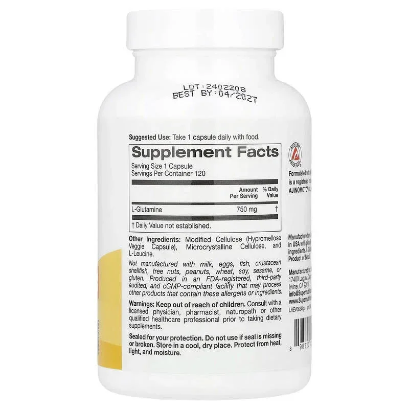 Super Nutrition, L-Glutamine, 750 mg, 120 Veggie Capsules - Image 2