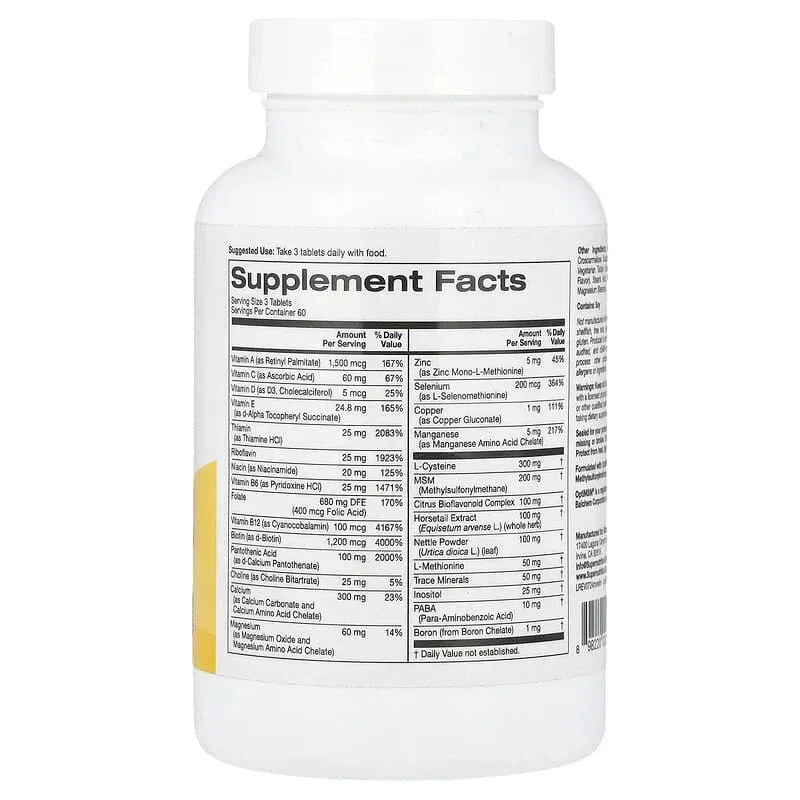 Super Nutrition, Multivitamins with L-Cysteine, MSM, Vitamin A, and Biotin, 180 Tablets - Image 2