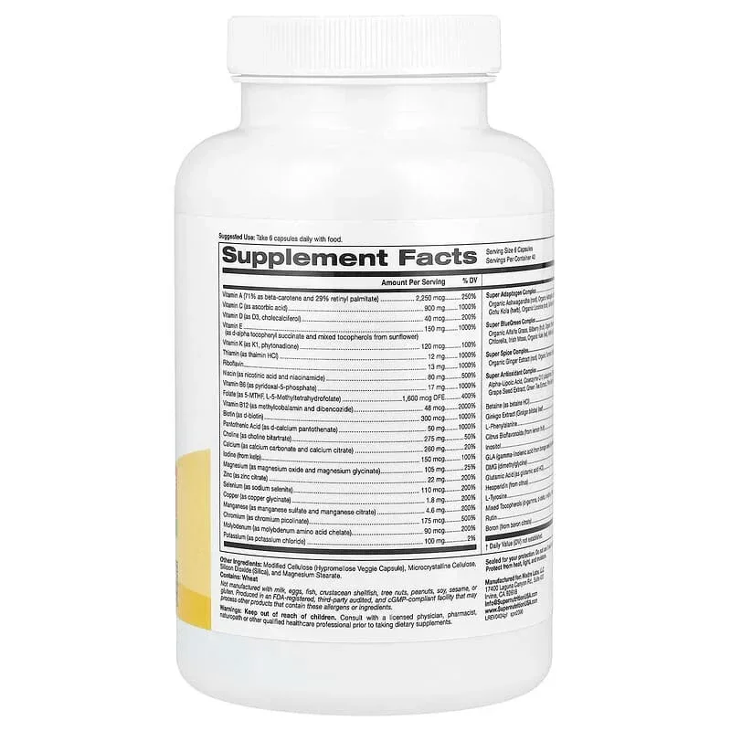 Super Nutrition, Perfect Family Multivitamin + Vitamin A, Methyl B12, Folate, Vitamin C, and Biotin, Iron Free, 240 Veggie Capsules - Image 3