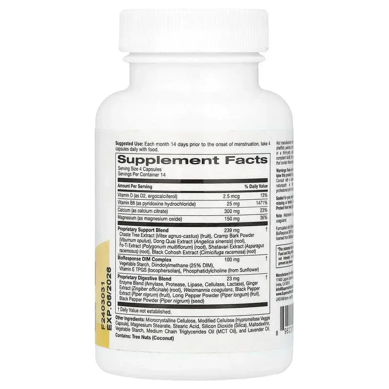 Super Nutrition, PMS Comfort Support with Calcium, Vitex, Magnesium, and BioResponse DIM Complex, 56 Veggie Capsules - Image 2