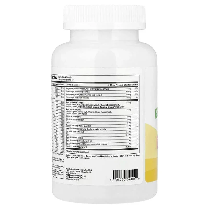 Super Nutrition, Prenatal Multivitamin with Super Greens, Spice Complex, Vitamin C, Choline and Folate, 240 Veggie Capsules - Image 2