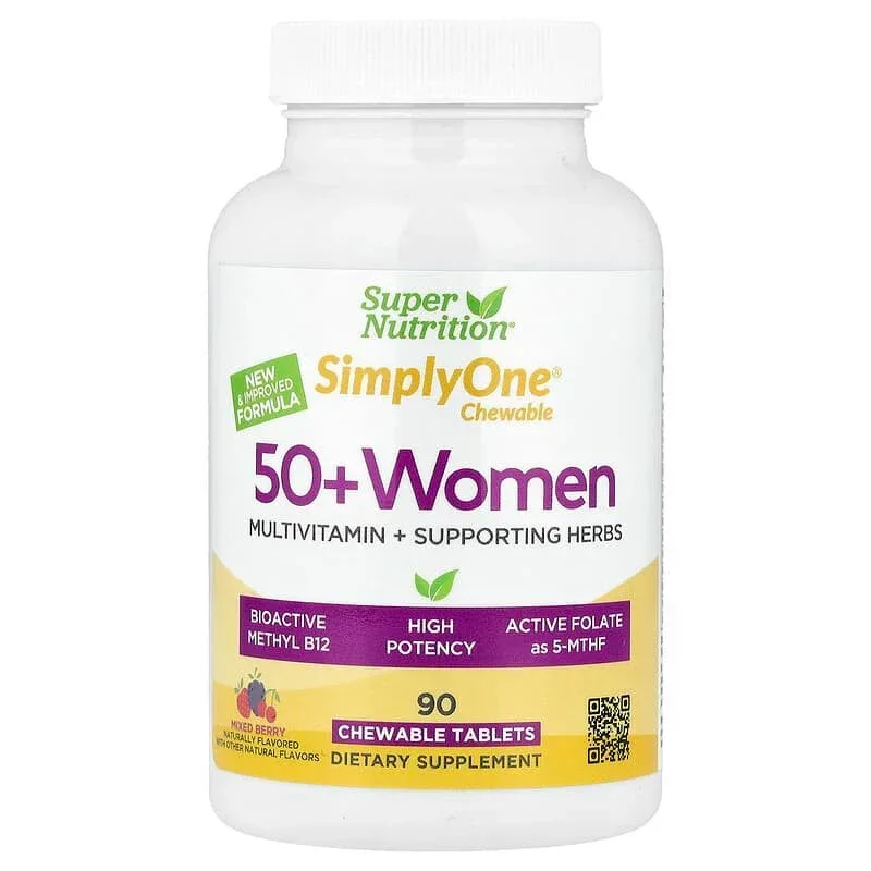 Super Nutrition, Simply One®, 50+ Women Multivitamin + Supporting Herbs, Mixed Berry , 90 Chewable Tablets