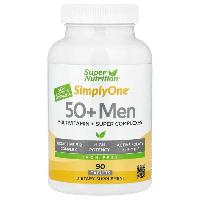 Super Nutrition, Simply One, Men's 50+ Multivitamin with Super Adaptogens, Greens, Spices, & Antioxidant, Iron Free, 90 Tablets