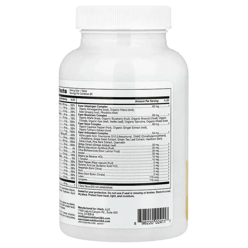 Super Nutrition, Simply One, Men's 50+ Multivitamin with Super Adaptogens, Greens, Spices, & Antioxidant, Iron Free, 90 Tablets - Image 2