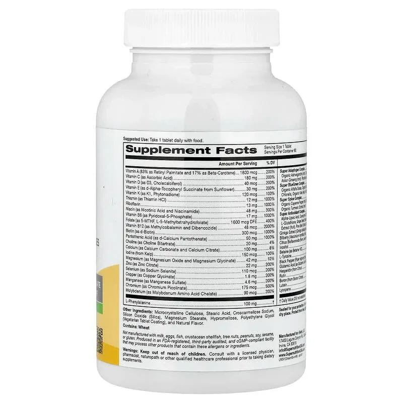 Super Nutrition, Simply One, Men's 50+ Multivitamin with Super Adaptogens, Greens, Spices, & Antioxidant, Iron Free, 90 Tablets - Image 3