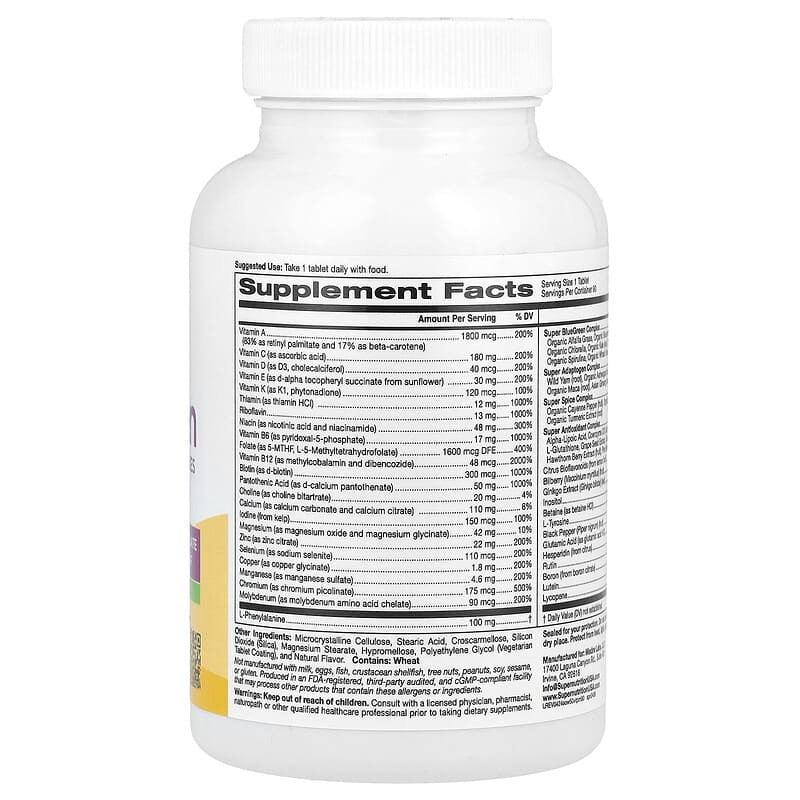 Super Nutrition, SimplyOne®, 50+ Women Multivitamin + Super Complexes with Vitamin A, Vitamin C, Minerals, and Botanicals, Iron Free, 90 Tablets - Image 3