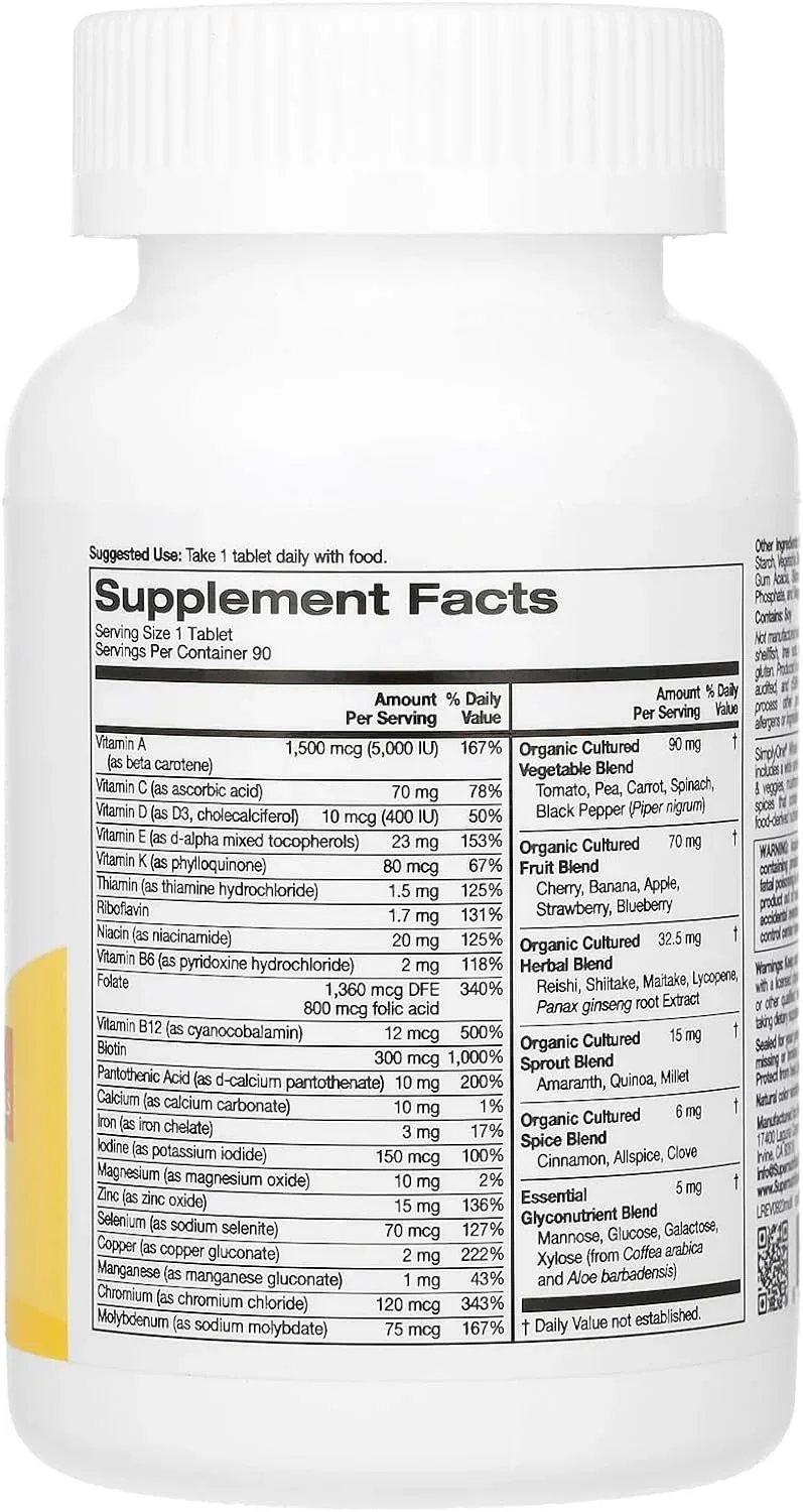 Super Nutrition, SimplyOne®, Whole Food Multivitamin with Vitamin A, C, Minerals, and Enzymes, 90 Tablets - Image 2