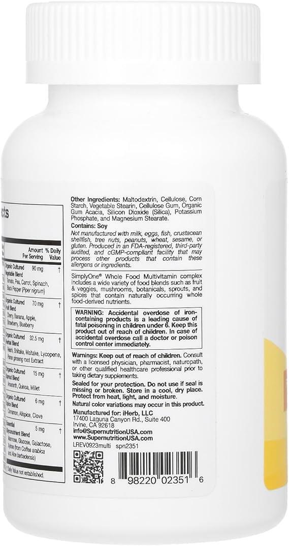 Super Nutrition, SimplyOne®, Whole Food Multivitamin with Vitamin A, C, Minerals, and Enzymes, 90 Tablets - Image 4