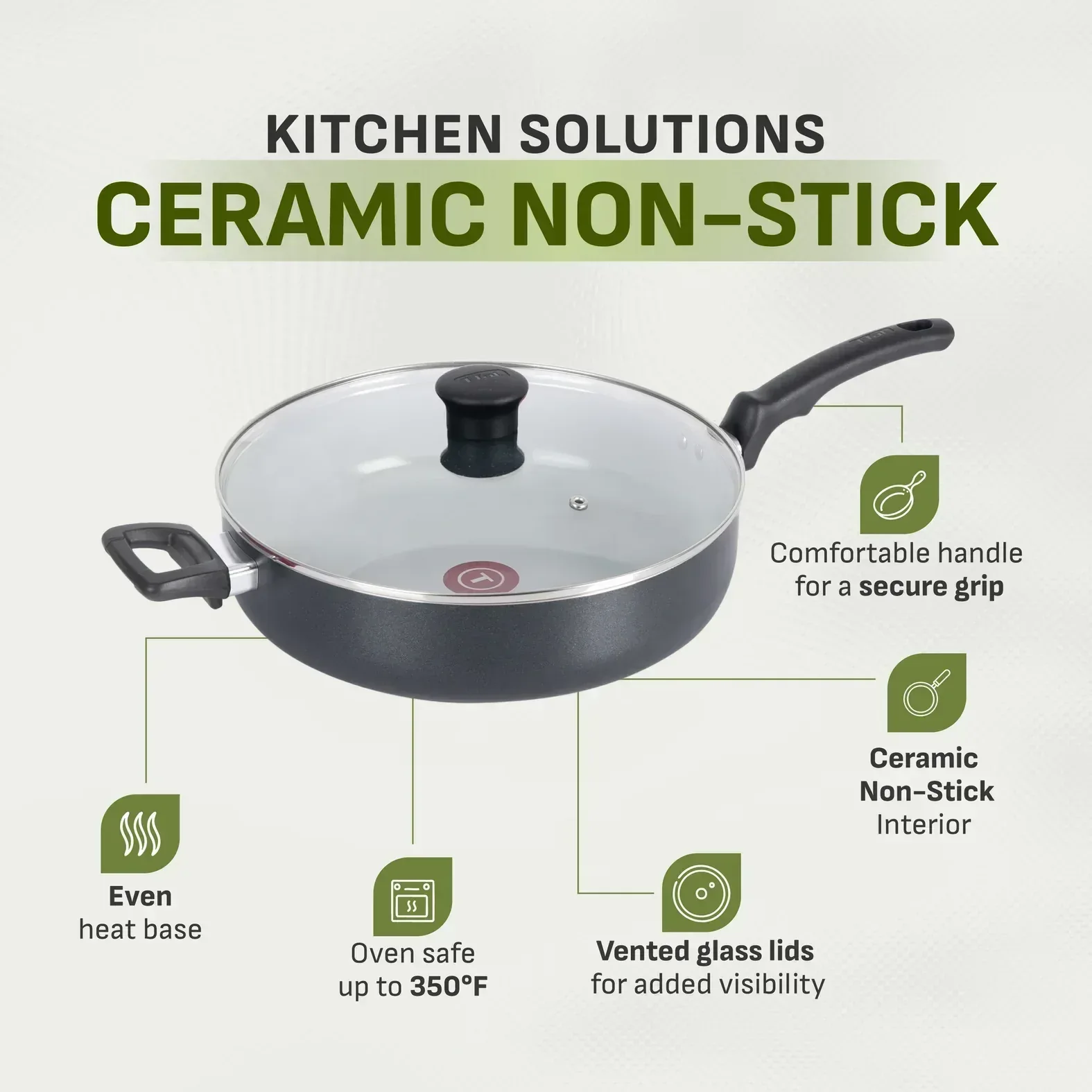 T-Fal Kitchen Solutions Black 5 Quarts Ceramic Non-Stick Jumbo Cooker Sauté Pan with Lid & Helper Handle - Image 2