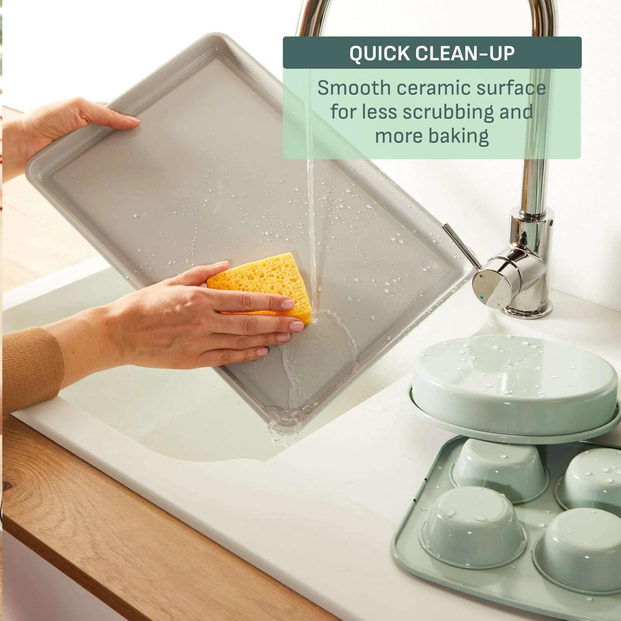 T-fal Stackable Ceramic Bakeware, 5 Piece Nonstick Bakeware Set, Mint Green, Oven Safe 450°F - Image 2
