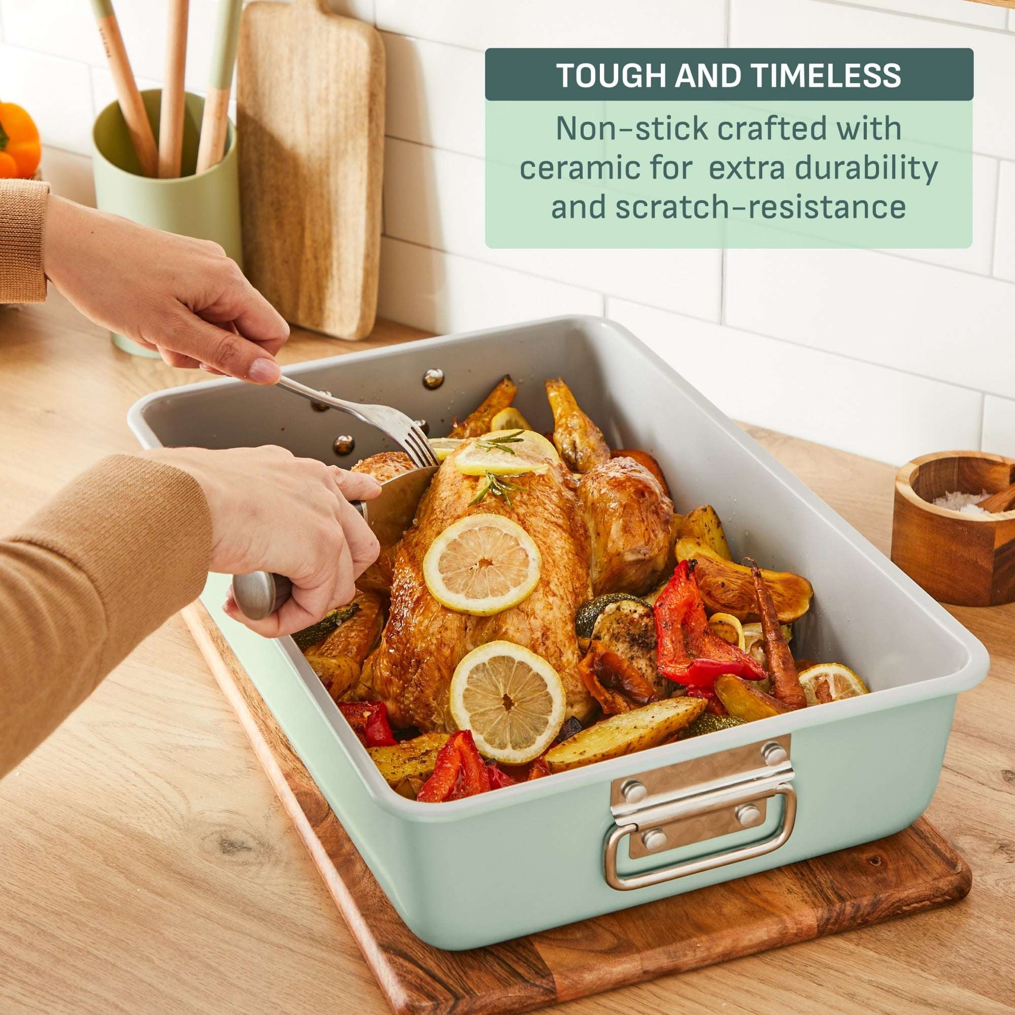 T-fal Stackable Ceramic Bakeware, 5 Piece Nonstick Bakeware Set, Mint Green, Oven Safe 450°F - Image 5