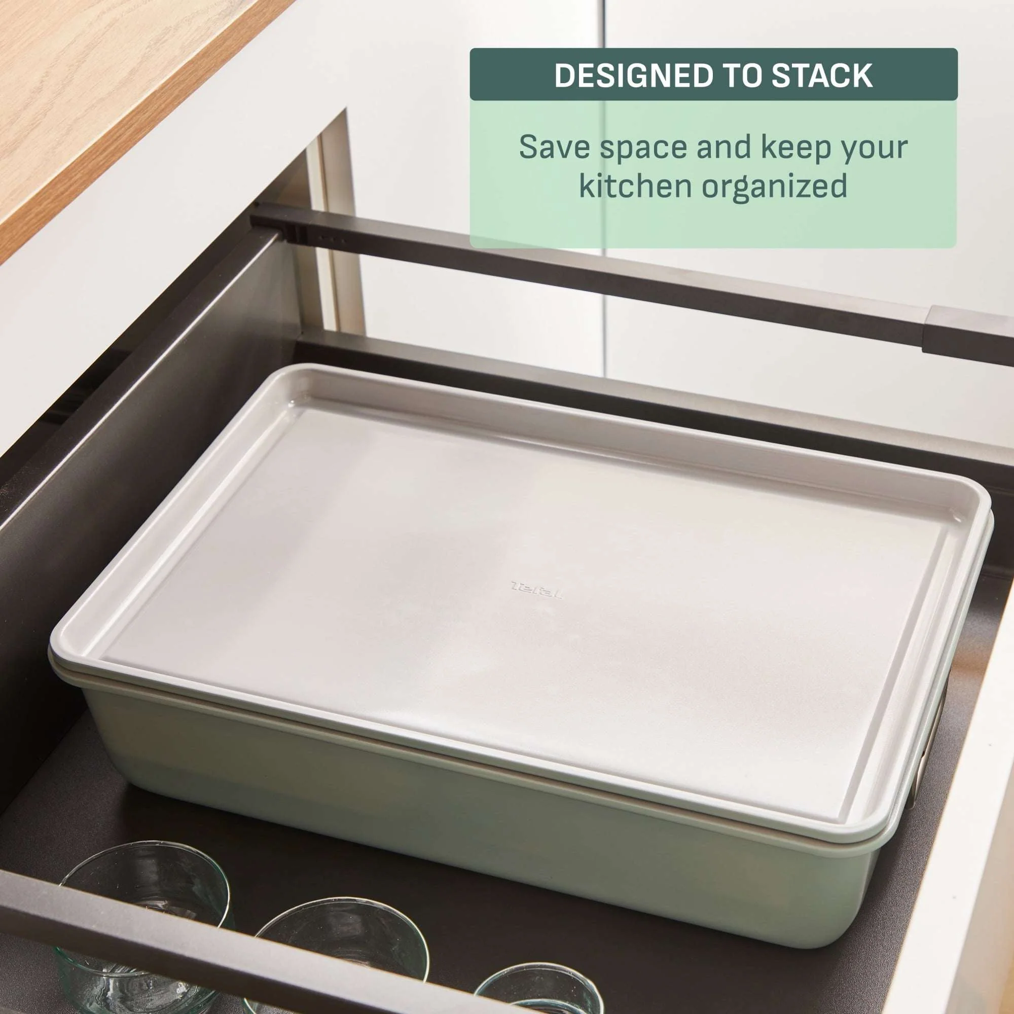 T-fal Stackable Ceramic Bakeware, 5 Piece Nonstick Bakeware Set, Mint Green, Oven Safe 450°F - Image 6