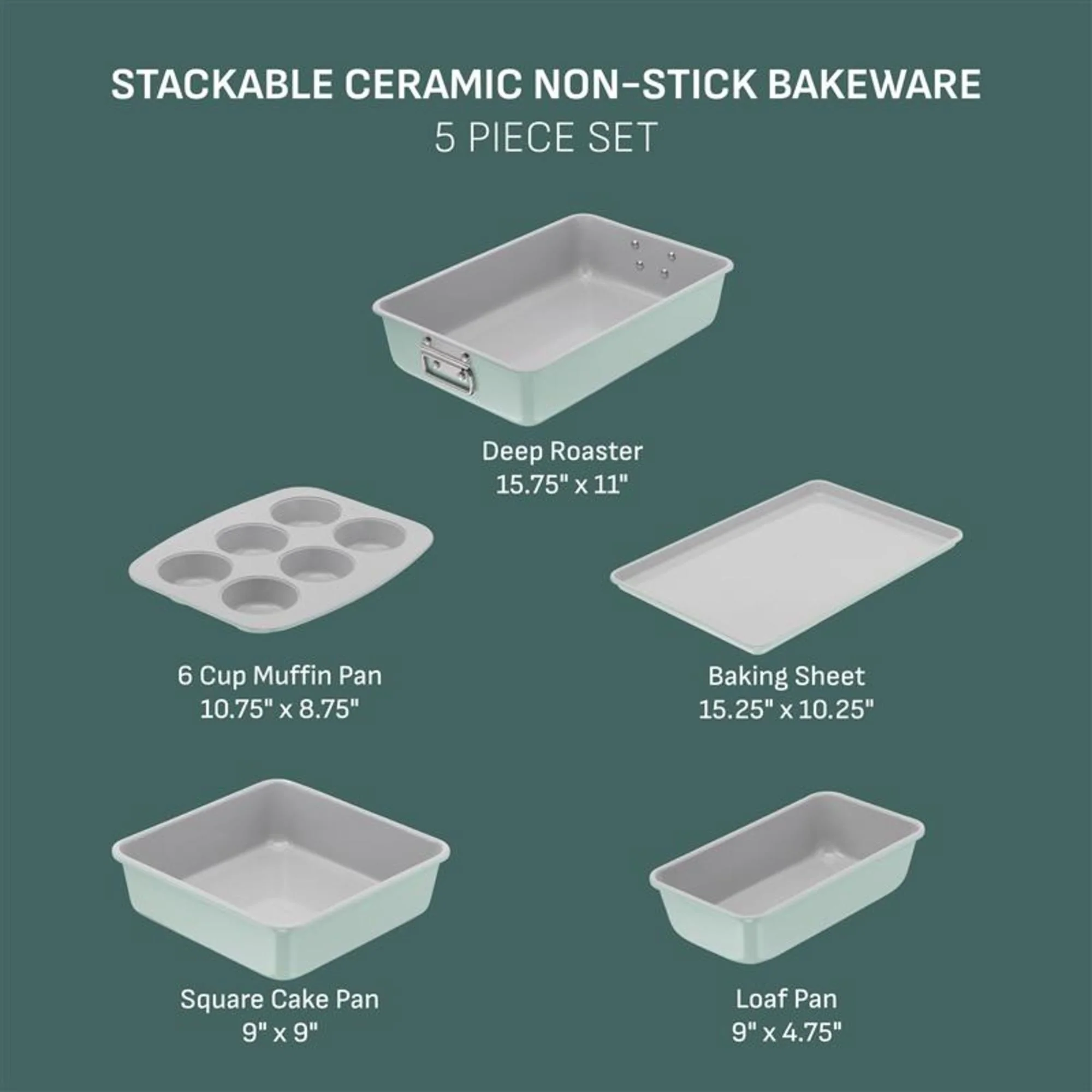 T-fal Stackable Ceramic Bakeware, 5 Piece Nonstick Bakeware Set, Mint Green, Oven Safe 450°F - Image 7