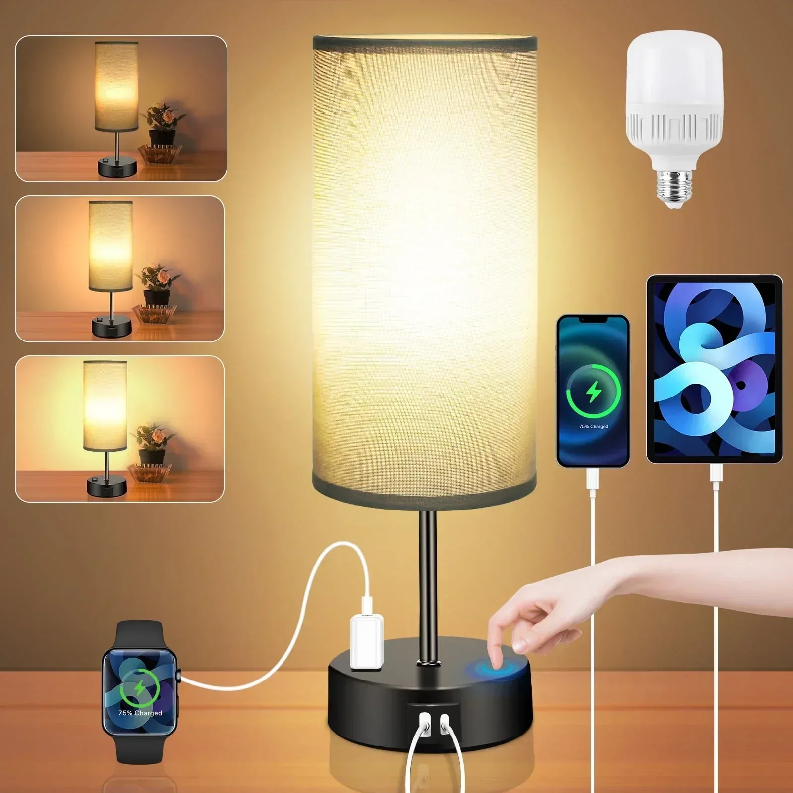 Table Lamps for Bedroom, 3 Way Dimmable Touch Control Bedside Lamp with USB C+A Fast Charging Ports, Nightstand Lamp for Office, Living Room, Reading(E26 Light Bulb Included) - Image 15