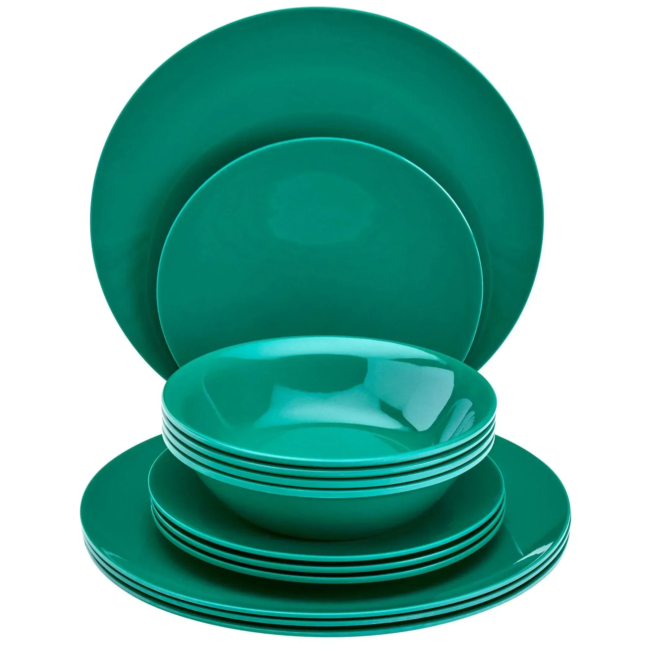 Tabletops Gallery 12 Piece Dark Green Melamine Dinnerware Set Plates Bowls for Indoor/Outdoor Use, Service for 4, Emerald