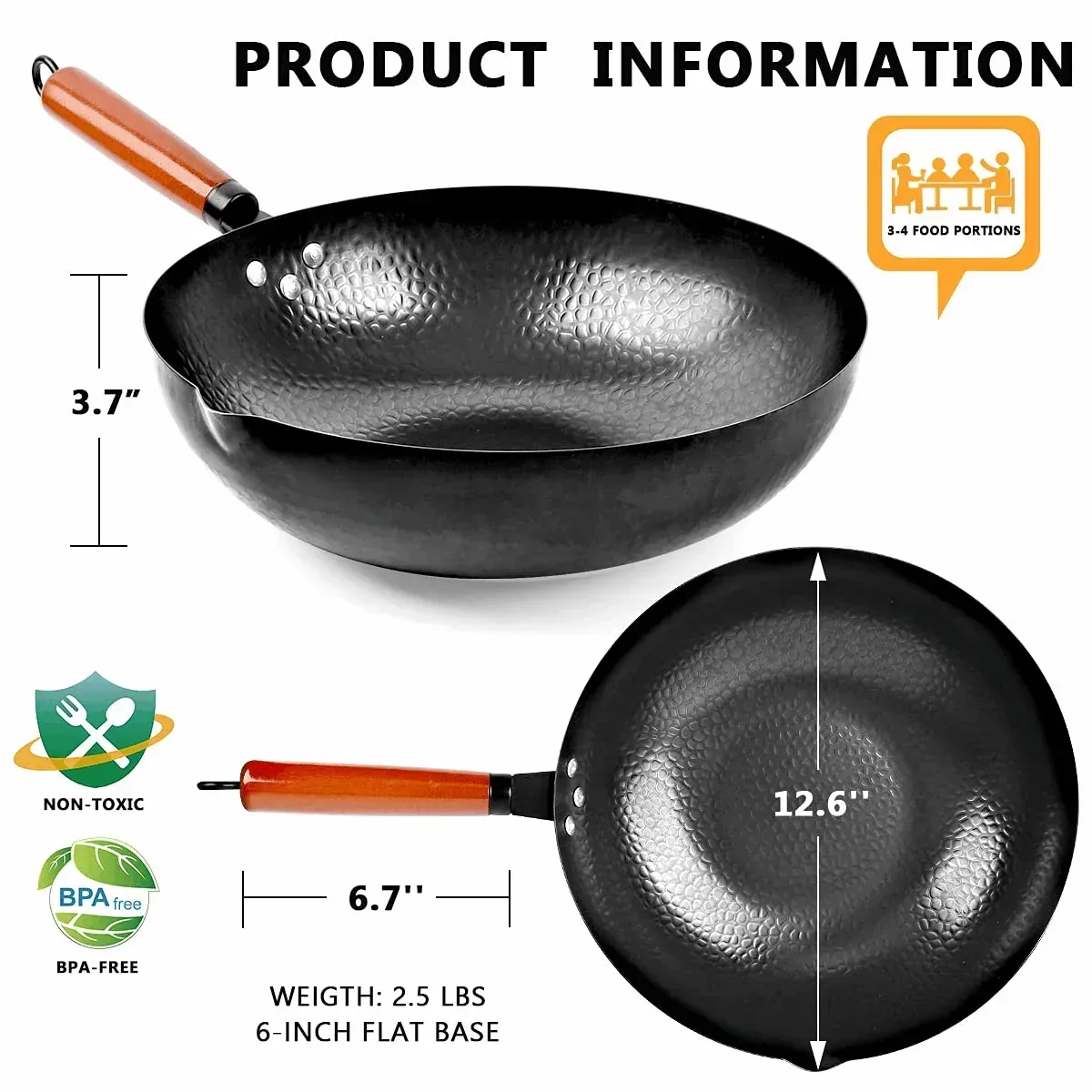 TAIMASI Carbon Steel Wok Pan, 14 Piece Woks & Stir-Fry Pans Set with Wooden Lid & Cookwares, Non-Stick Flat Bottom Chinese Woks Pan for Induction, 12.6'' - Image 3
