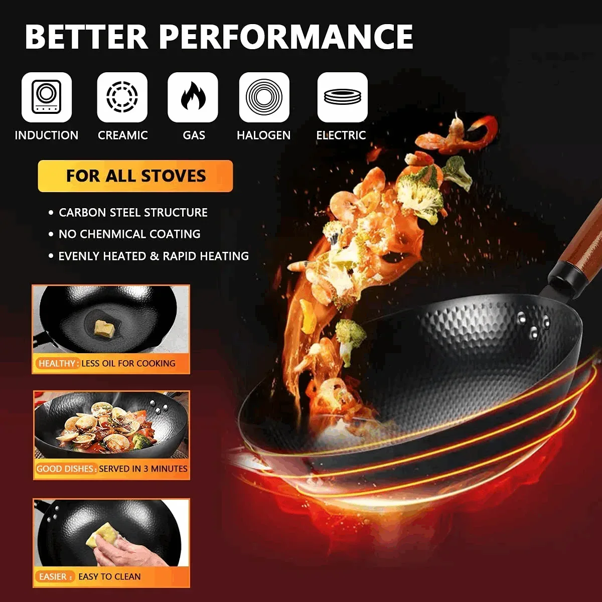 TAIMASI Carbon Steel Wok Pan, 14 Piece Woks & Stir-Fry Pans Set with Wooden Lid & Cookwares, Non-Stick Flat Bottom Chinese Woks Pan for Induction, 12.6'' - Image 4