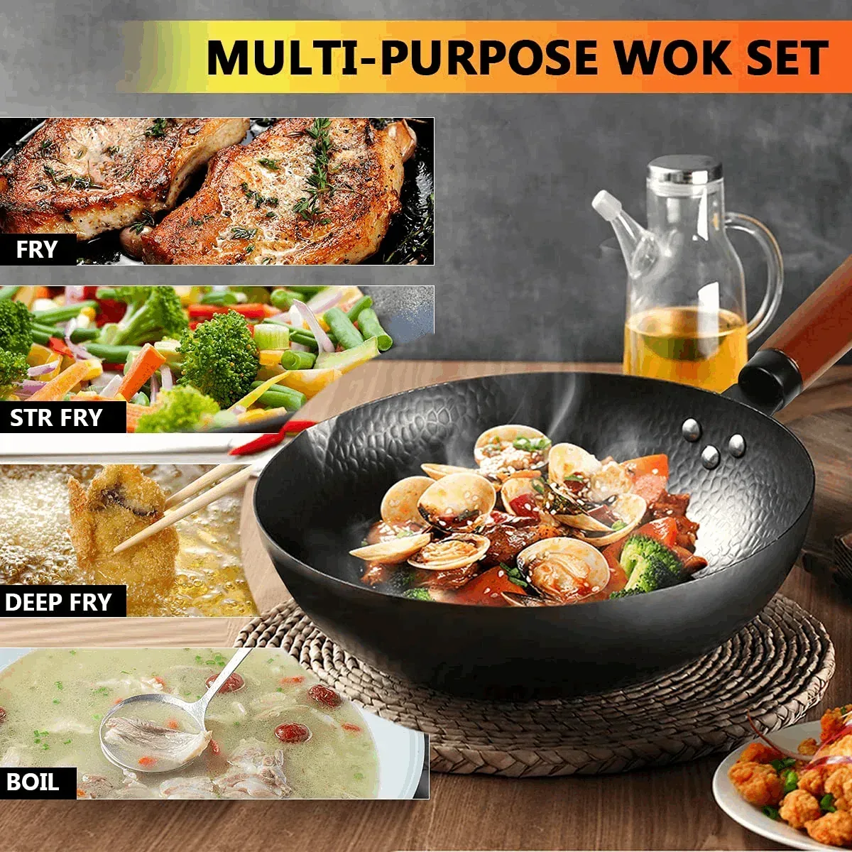 TAIMASI Carbon Steel Wok Pan, 14 Piece Woks & Stir-Fry Pans Set with Wooden Lid & Cookwares, Non-Stick Flat Bottom Chinese Woks Pan for Induction, 12.6'' - Image 5