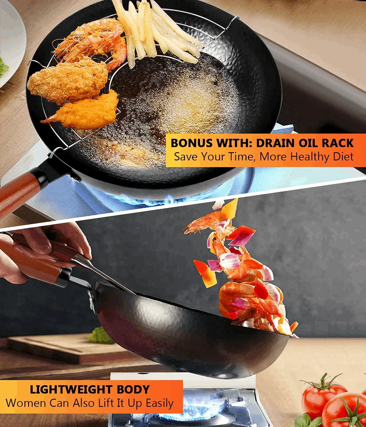 TAIMASI Carbon Steel Wok Pan, 14 Piece Woks & Stir-Fry Pans Set with Wooden Lid & Cookwares, Non-Stick Flat Bottom Chinese Woks Pan for Induction, 12.6'' - Image 7