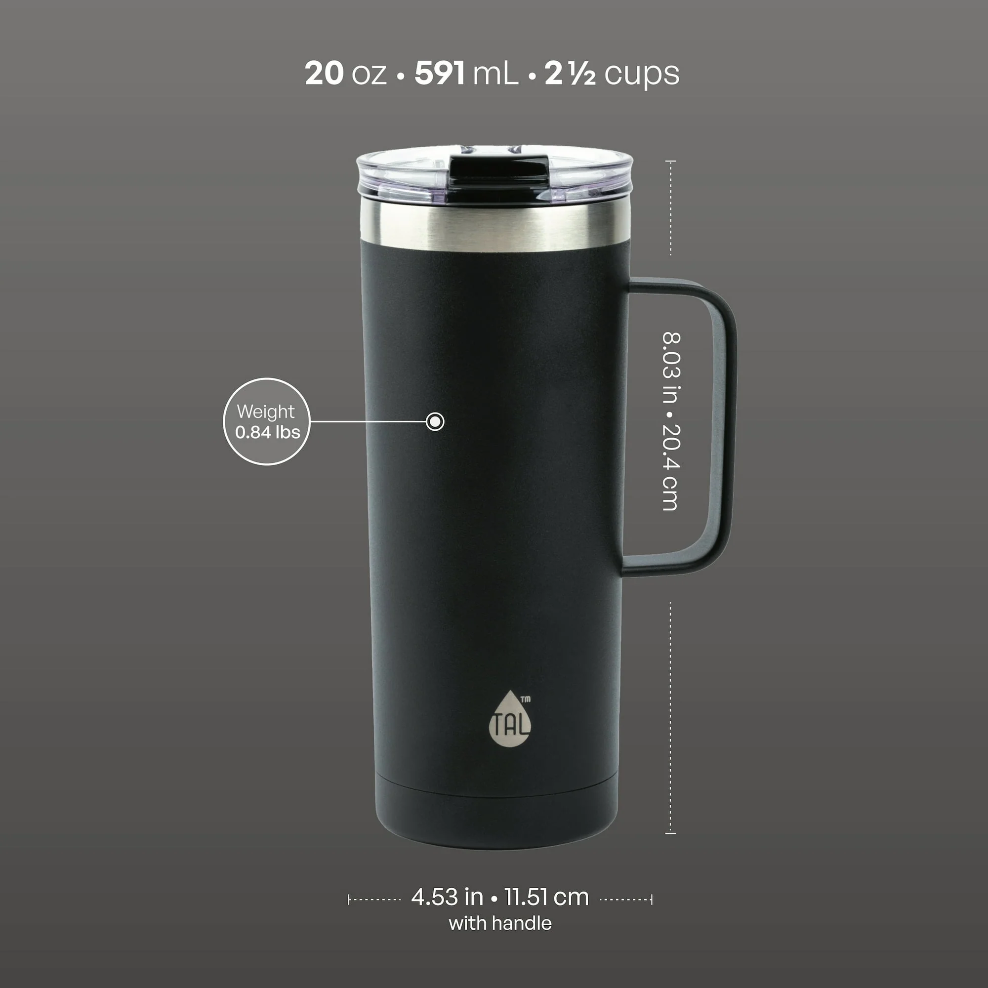TAL 20 oz Insulated Travel Coffee Mug Black - Image 3