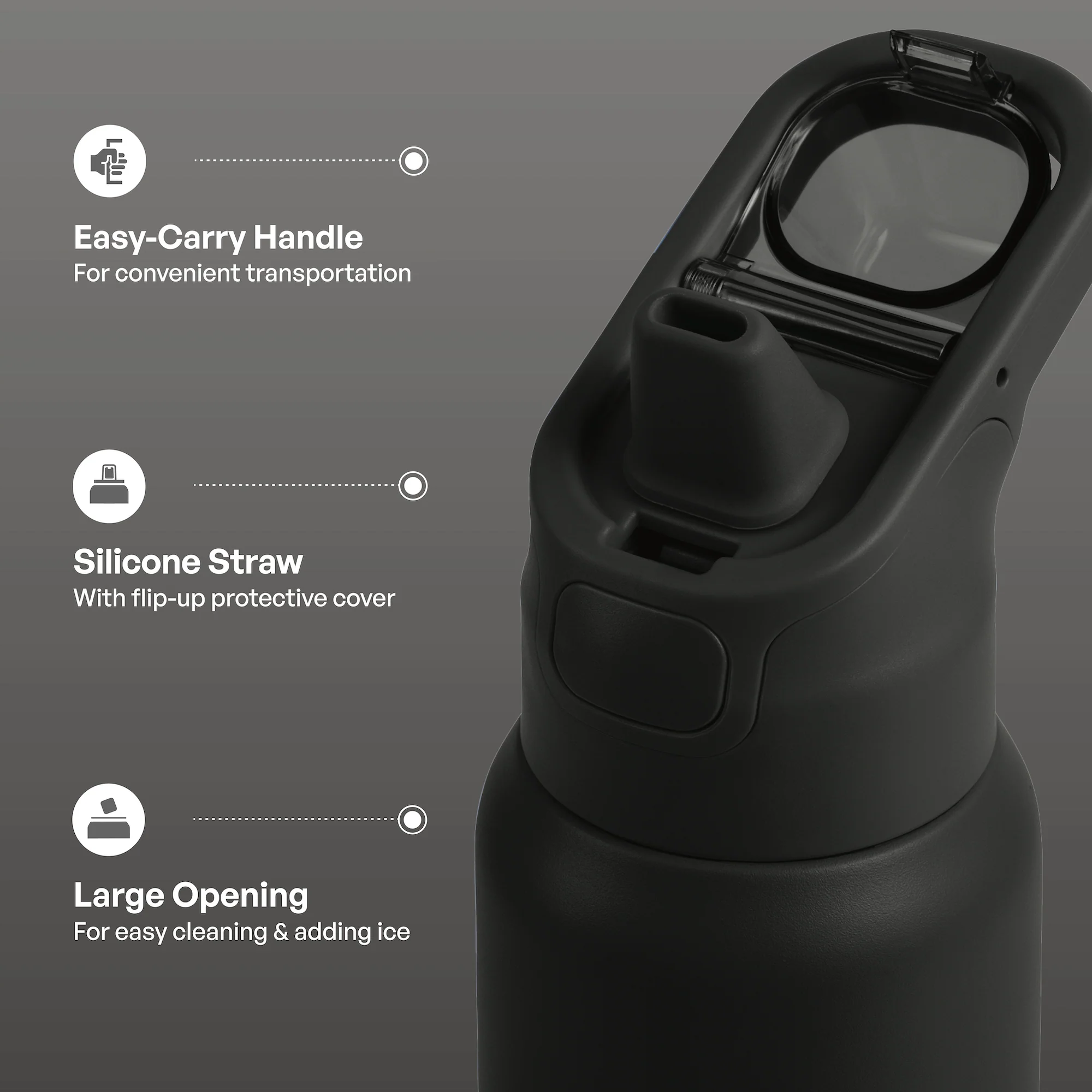 TAL 32oz Stainless Steel Dual Sport Water Bottle with Silicone Straw and Lock Lid, Black - Image 2