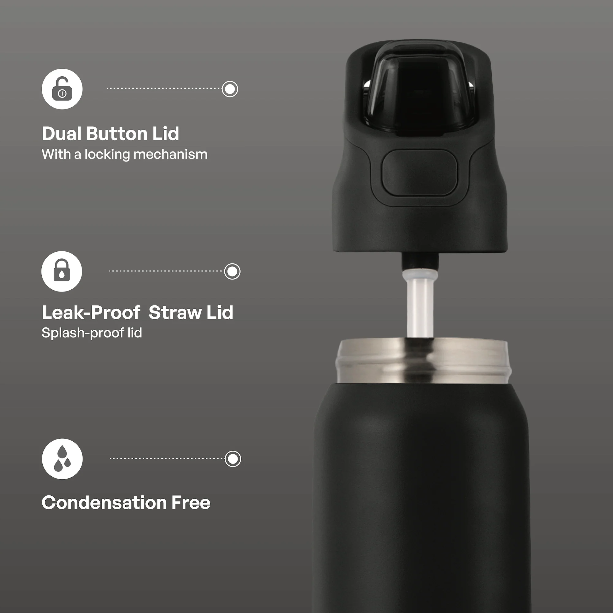 TAL 32oz Stainless Steel Dual Sport Water Bottle with Silicone Straw and Lock Lid, Black - Image 3