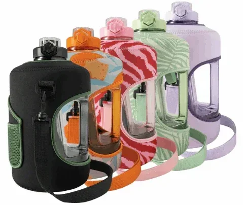 TAL Motivational Gallon Jug Water Bottle with Handle, Push Button Lid & Straw, Neoprene Sleeve, Easy-Carry Strap, Green Palms - Image 2