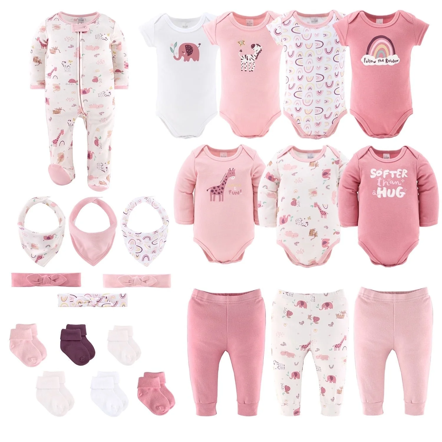 The Peanutshell Layette Gift Set for Baby Girls, 23 Essential Pieces, Pink Rainbow Safari Animals