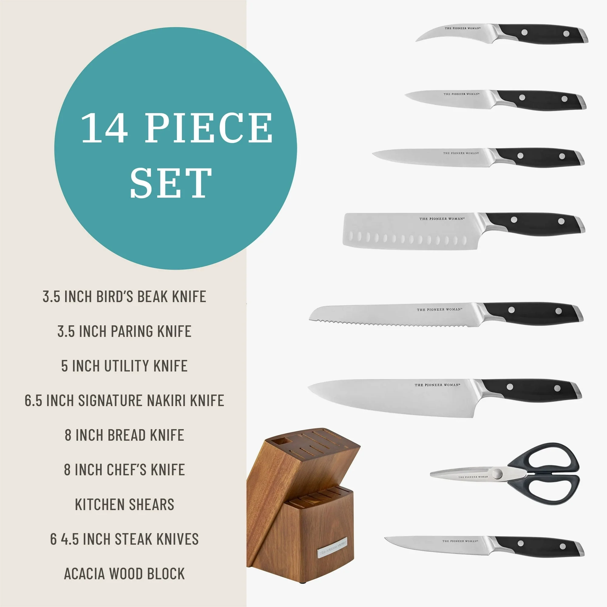 The Pioneer Woman 14-Piece Knife Block Set Stainless Steel Knives with Ergonomic Handle, Black - Image 5