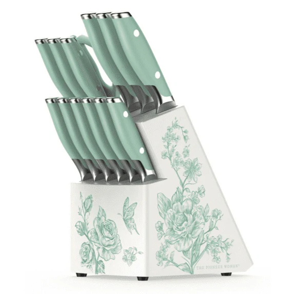 The Pioneer Woman 14 Pieces Knife Set with Decal Block Stainless Steel Knives, Forged, Green Agatha - Image 2