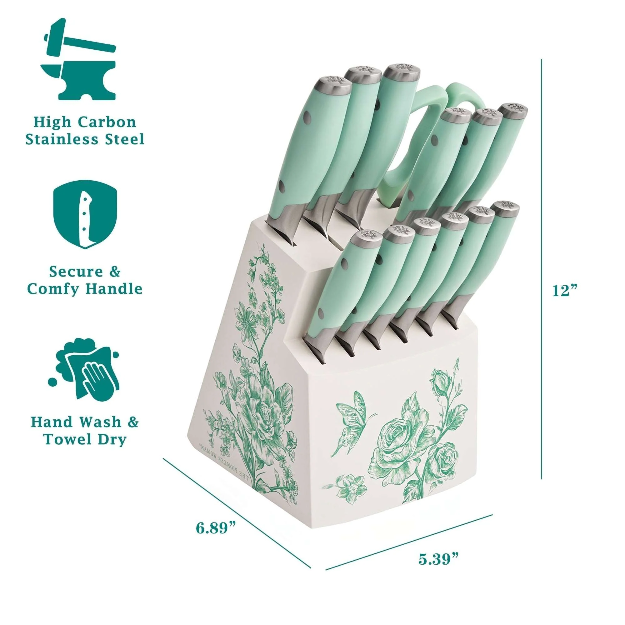 The Pioneer Woman 14 Pieces Knife Set with Decal Block Stainless Steel Knives, Forged, Green Agatha - Image 3