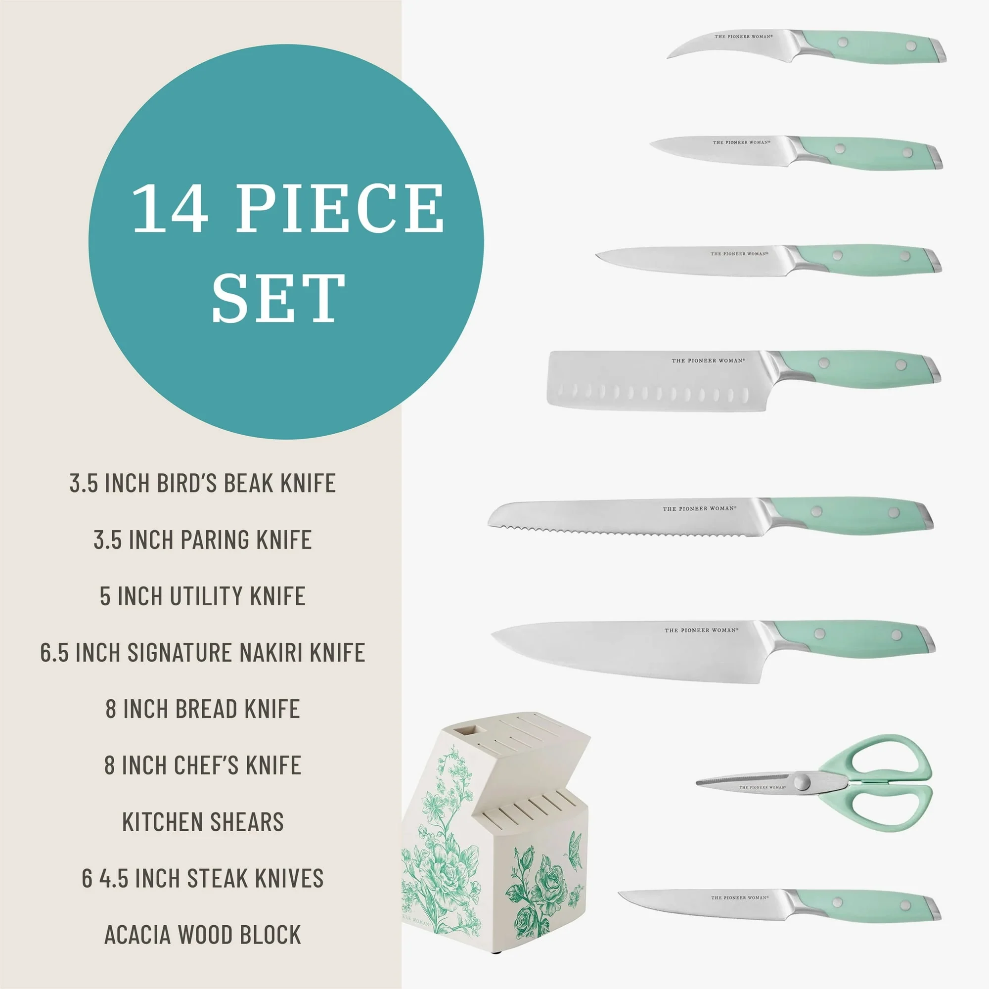 The Pioneer Woman 14 Pieces Knife Set with Decal Block Stainless Steel Knives, Forged, Green Agatha - Image 4