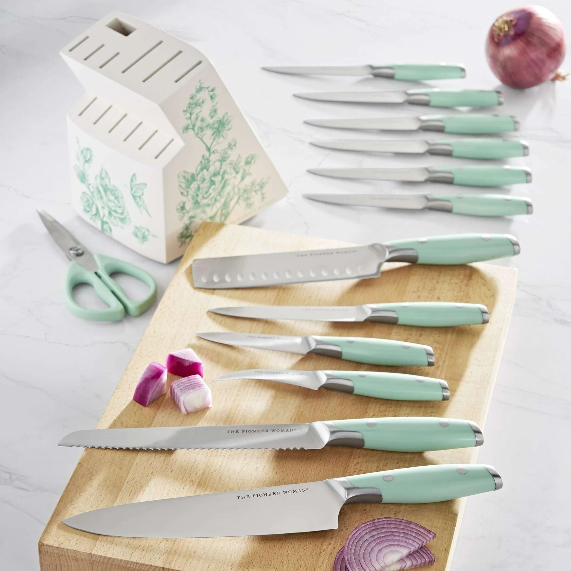 The Pioneer Woman 14 Pieces Knife Set with Decal Block Stainless Steel Knives, Forged, Green Agatha - Image 6