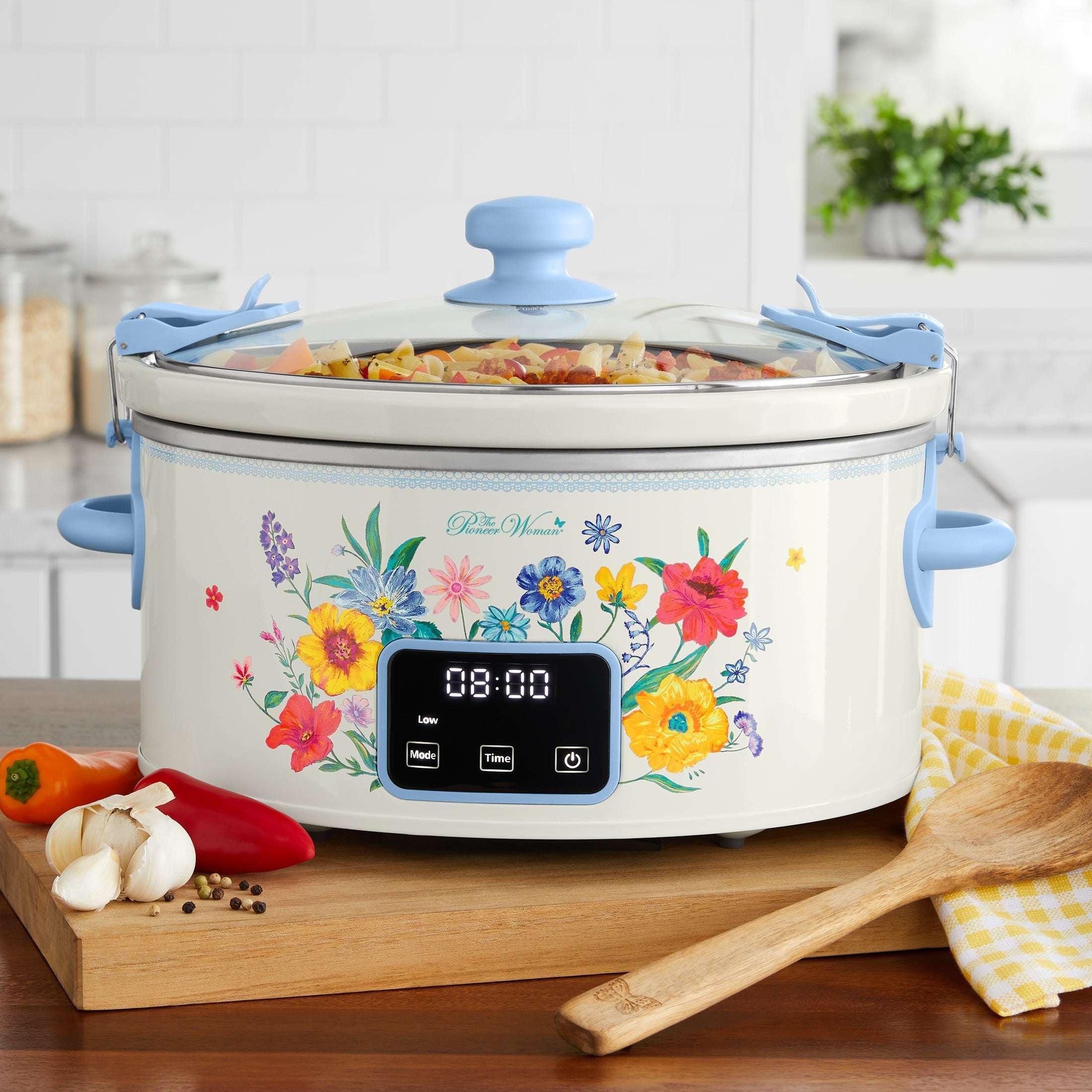 The Pioneer Woman 6-Quart Slow Cooker, Locking Lid, Digital, Brilliant Blooms, - Image 2