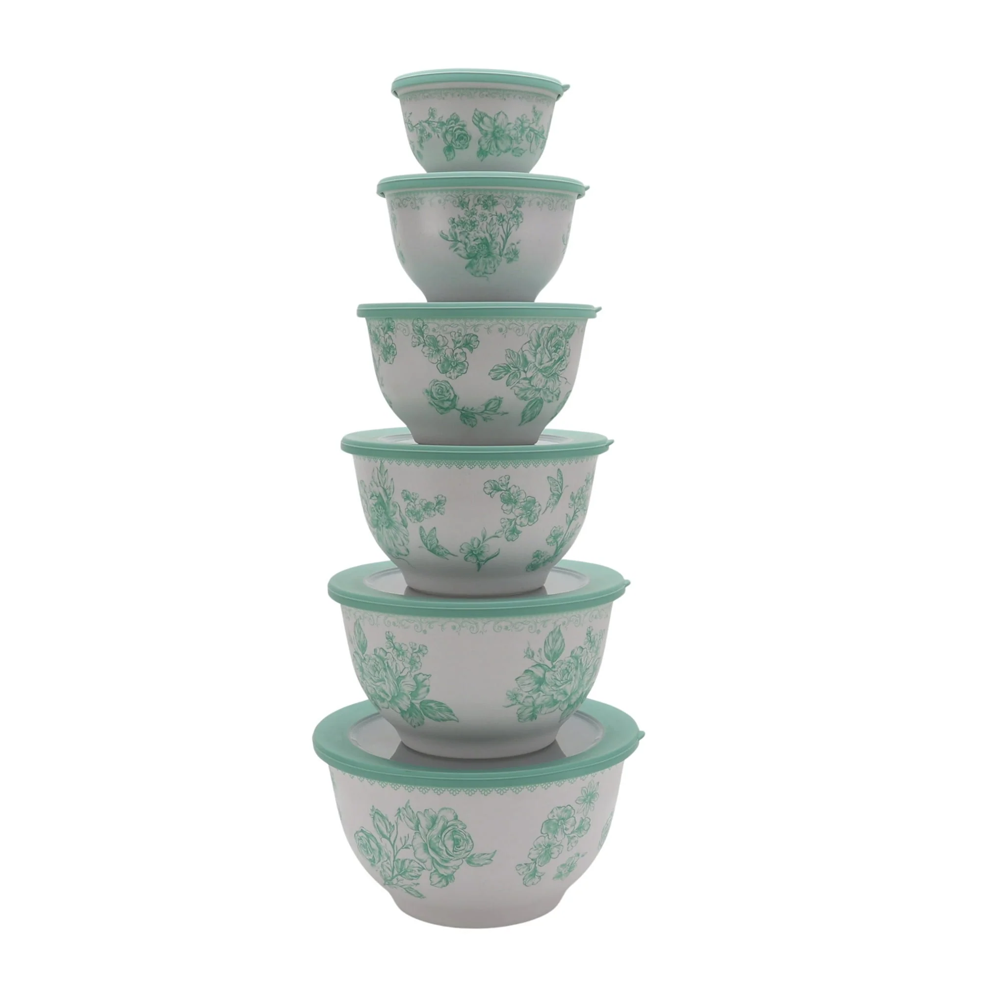 The Pioneer Woman Agatha 12-Piece Bamboo Melamine Nesting Mixing Bowl Set, Green - Image 2