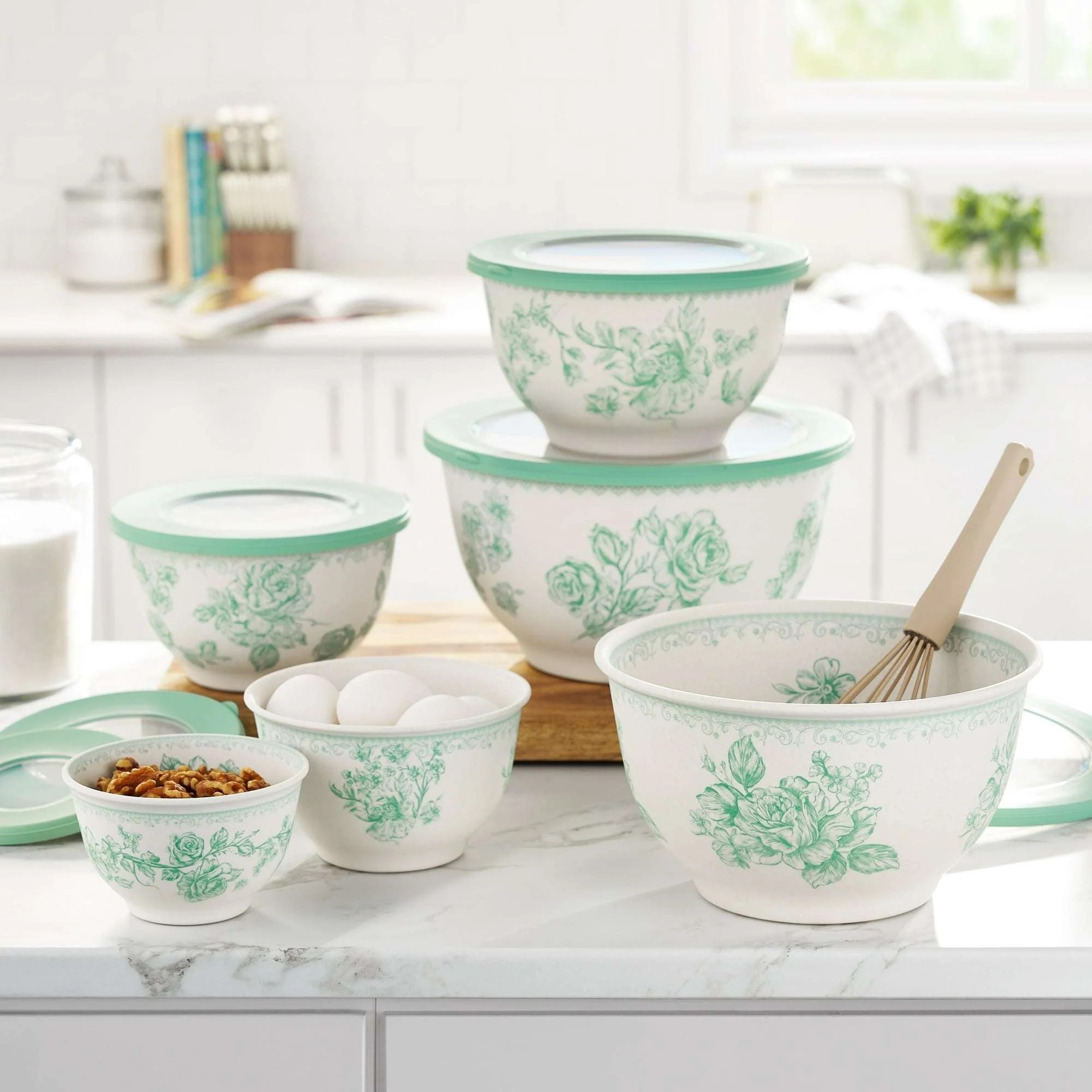 The Pioneer Woman Agatha 12-Piece Bamboo Melamine Nesting Mixing Bowl Set, Green - Image 4