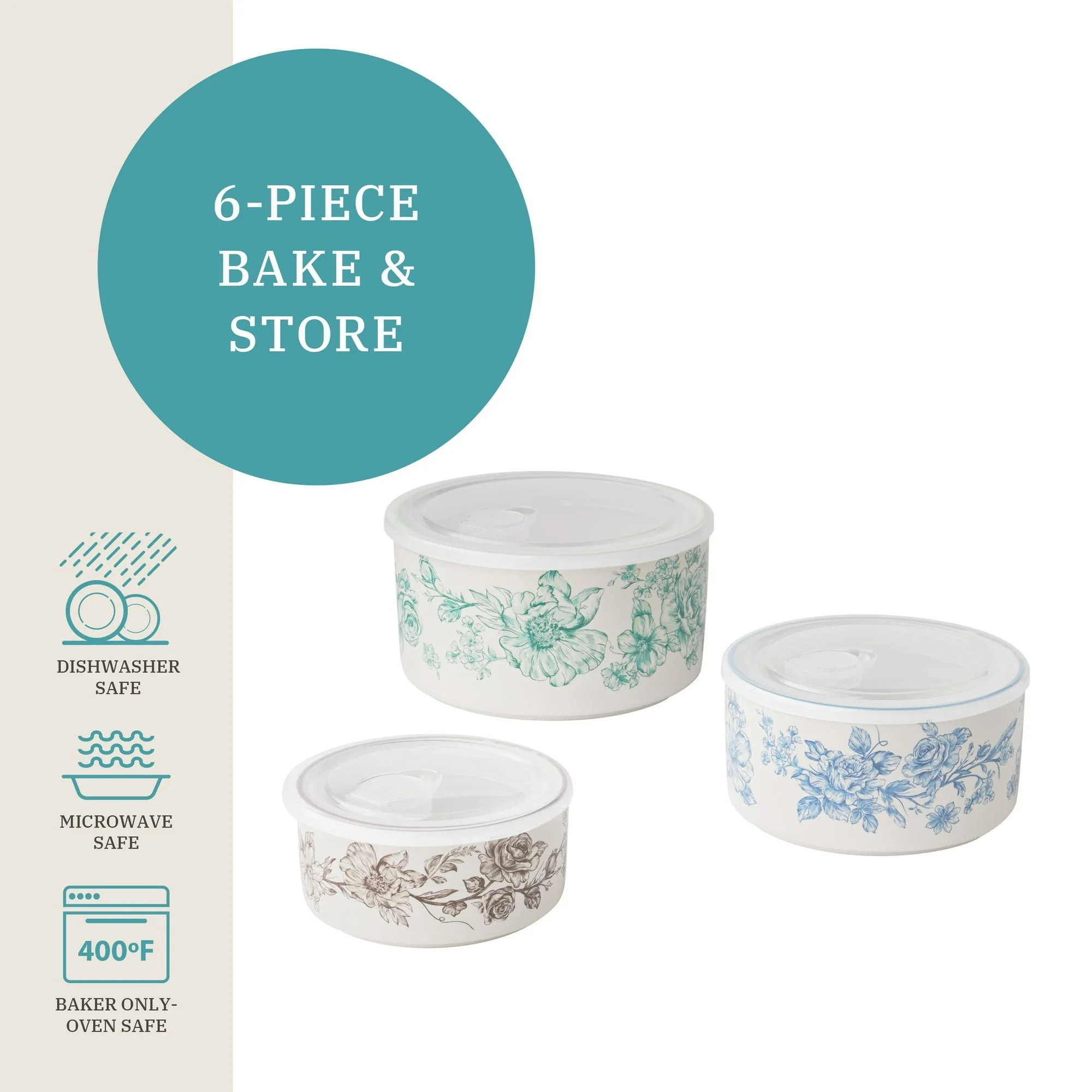 The Pioneer Woman Agatha 6-Piece Nesting Baker Set With Lids - Image 5
