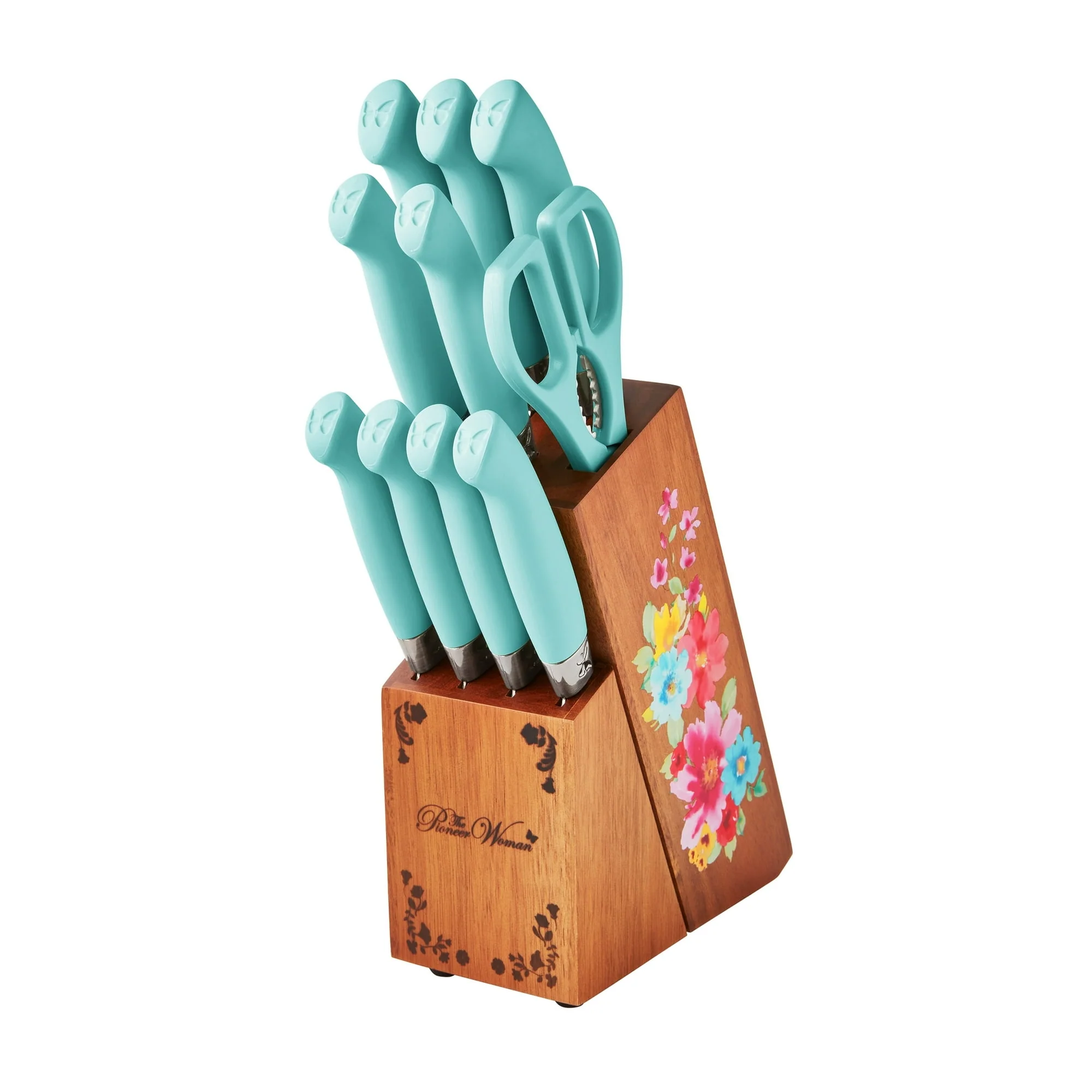The Pioneer Woman Breezy Blossoms 11-Piece Stainless Steel Knife Block Set, Teal - Image 7