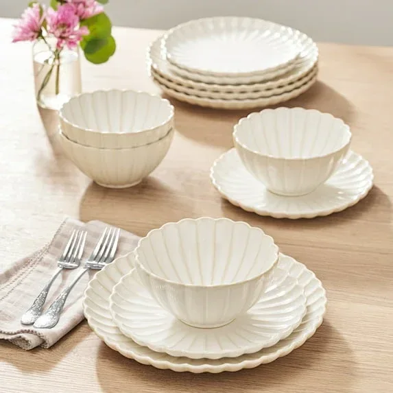 The Pioneer Woman Colette 12-Piece Stoneware Dinnerware Set, Cream - Image 2