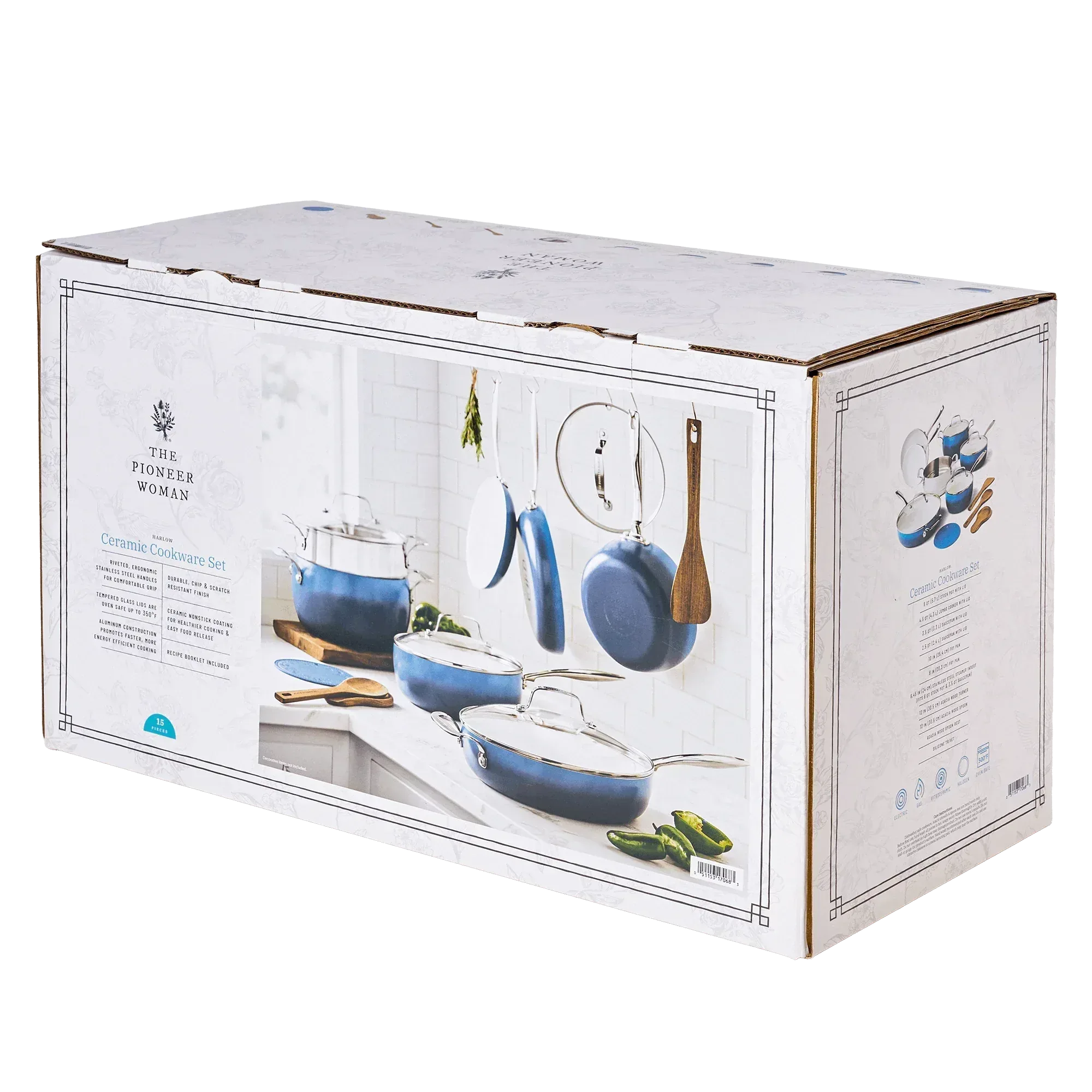 The Pioneer Woman Harlow 15-Piece Cookware Set, Ceramic Non-Stick Pots and Pans Set, Denim Blue - Image 6
