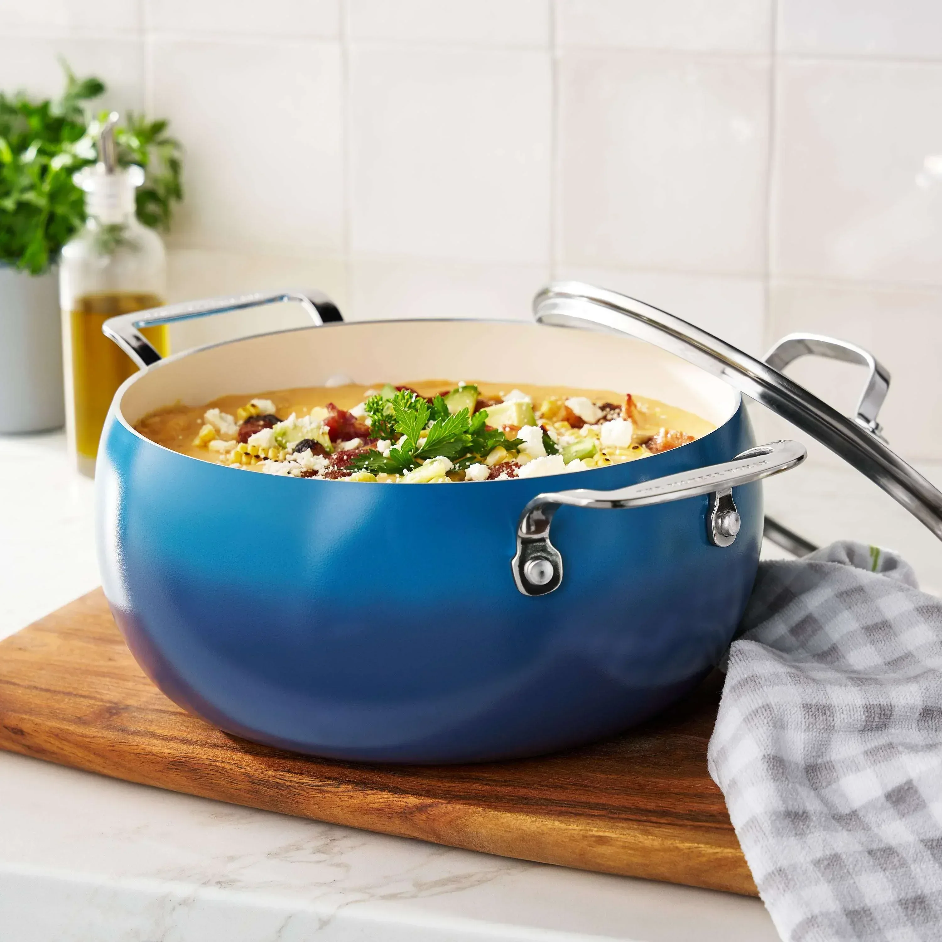 The Pioneer Woman Harlow 7.5 qt Ceramic Non-Stick Stock Pot with Lid, Denim Blue - Image 9