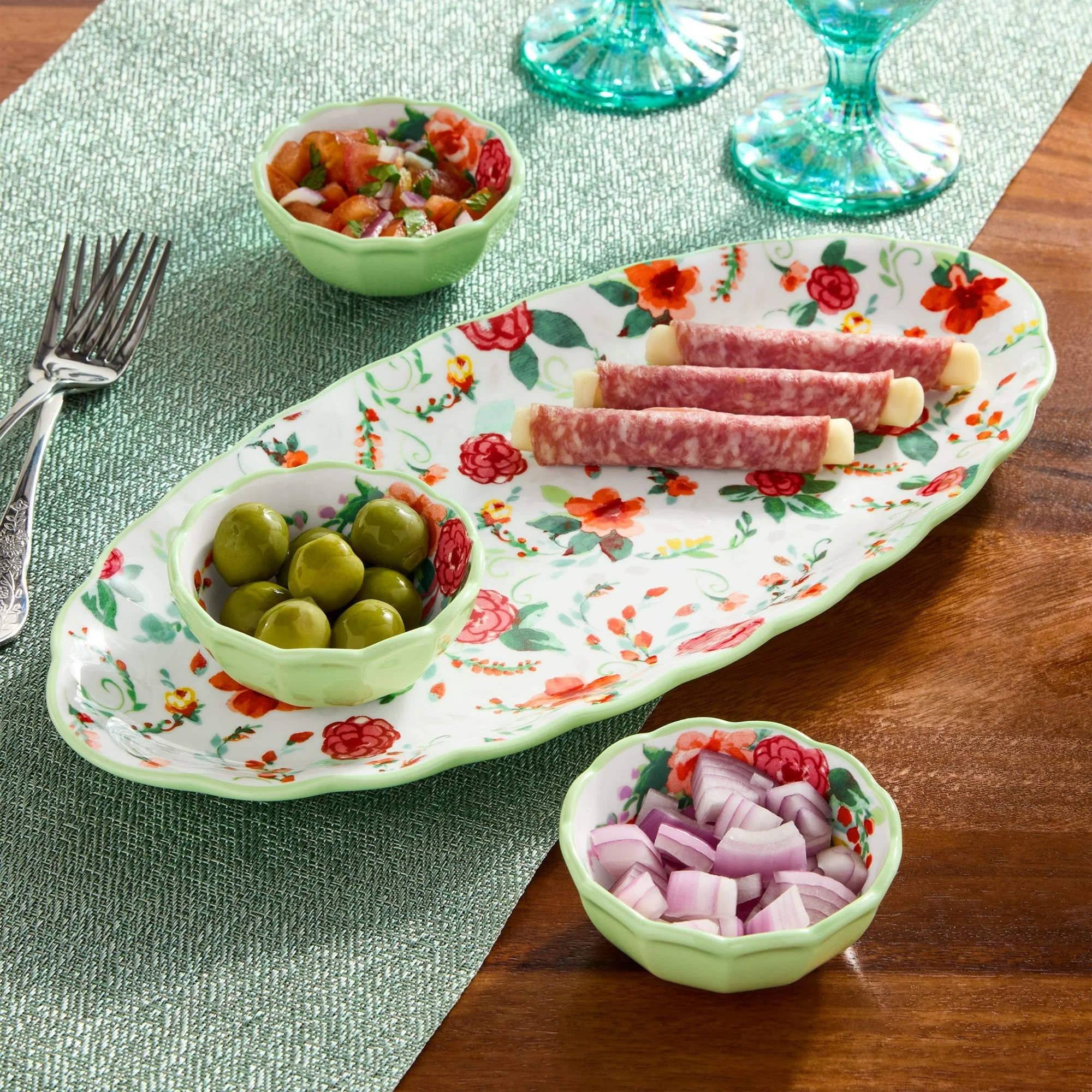 The Pioneer Woman Painted Meadow 4-Piece Ceramic Dip Bowl Set with Serving Tray Platter - Image 6