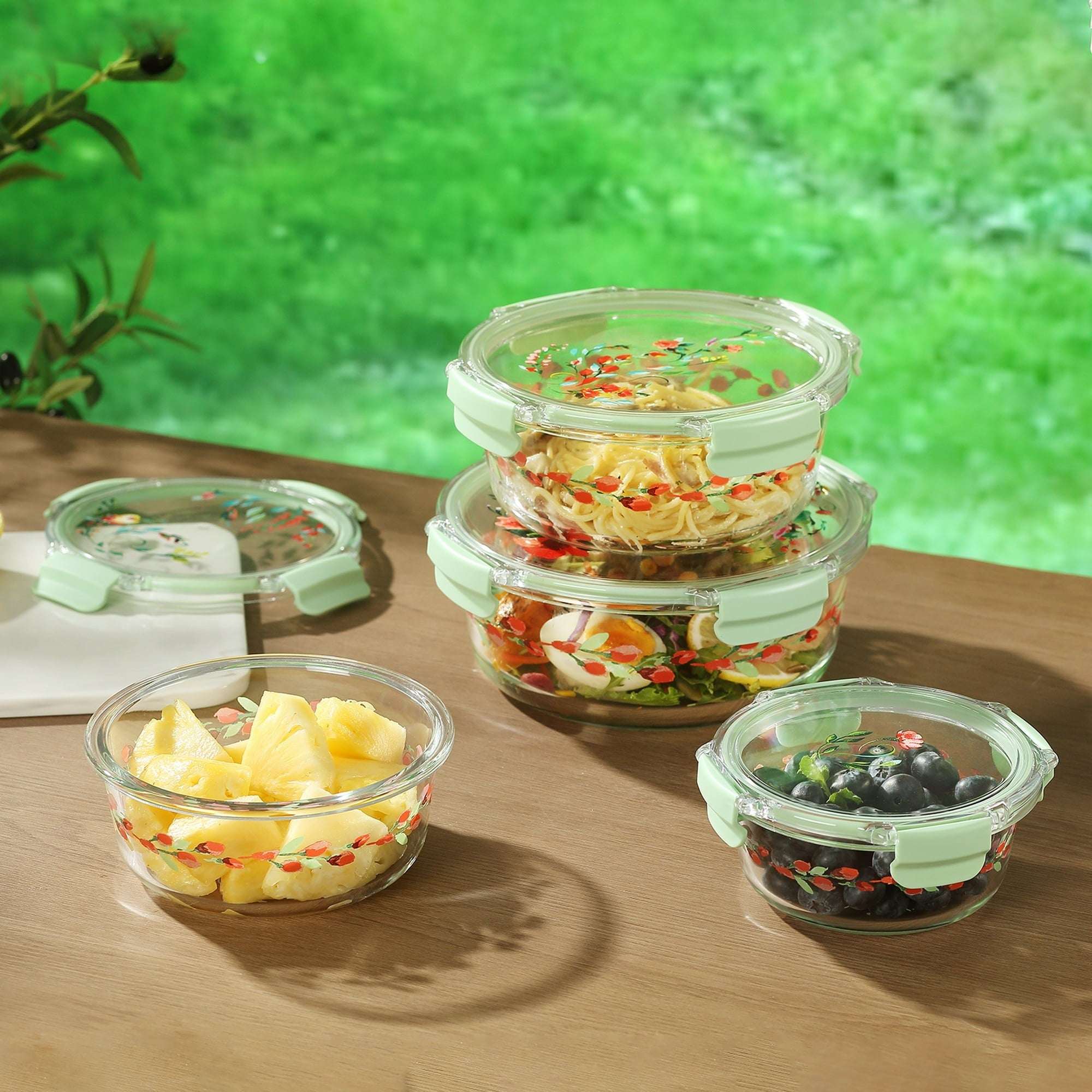 The Pioneer Woman Painted Meadow Round Glass Food Storage Containers with Tritan Lid, Set of 4 - Image 4