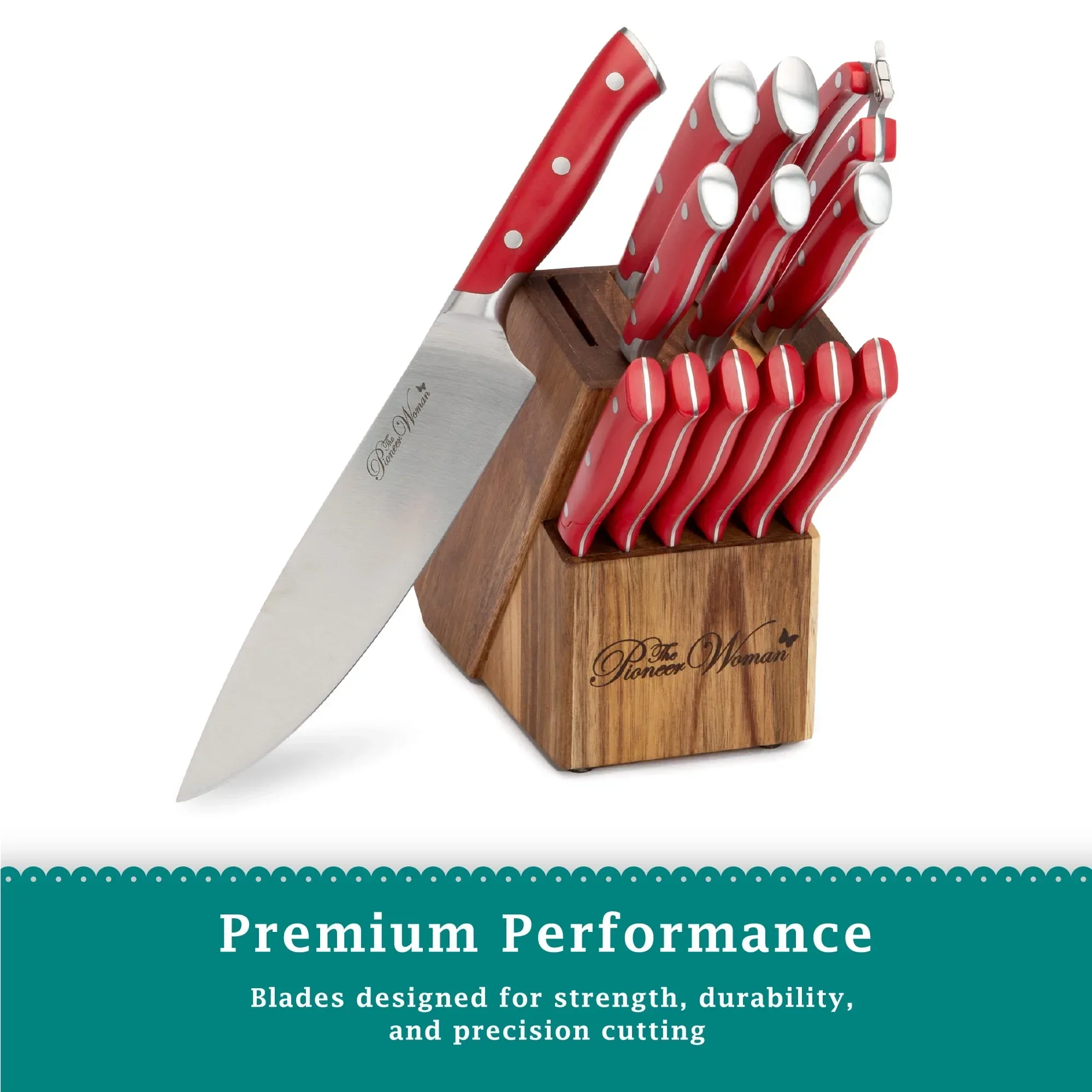 The Pioneer Woman Pioneer Signature 14-Piece Stainless Steel Knife Block Set, Red - Image 2