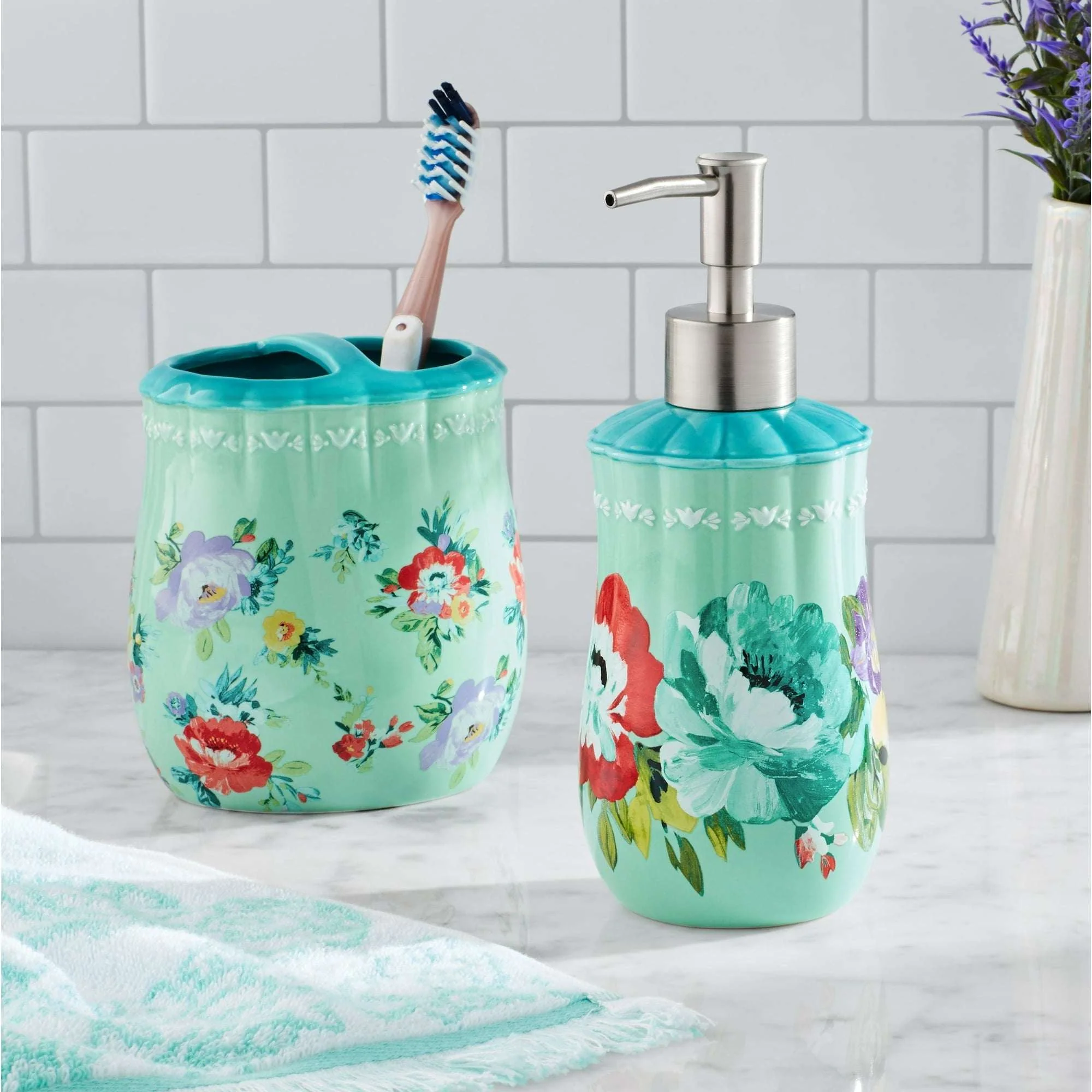 The Pioneer Woman Sweet Romance Stoneware 2 Piece Bath Accessories Set, Multi- Color - Image 2