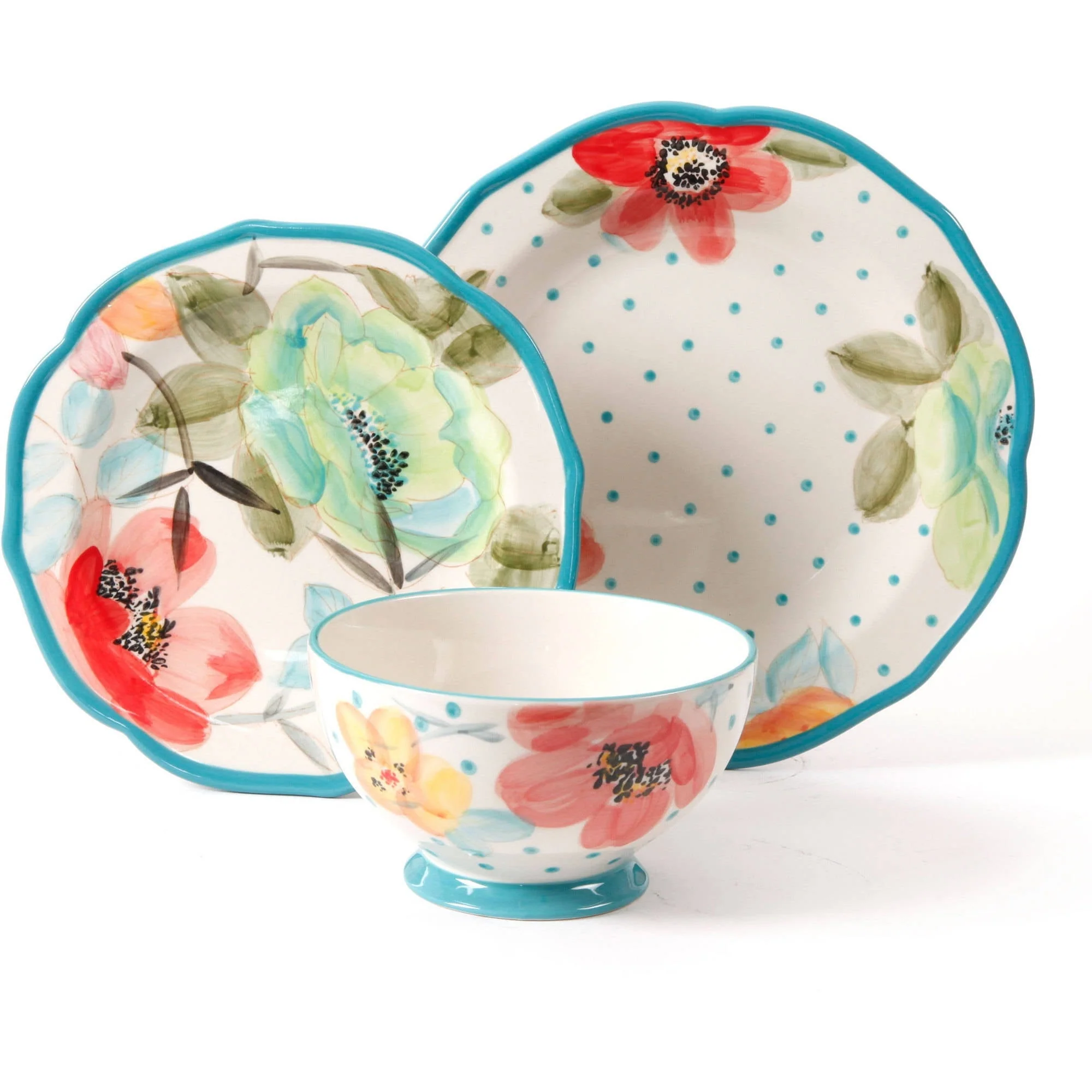 The Pioneer Woman Vintage Bloom 12-Piece Dinnerware Set, Turquoise