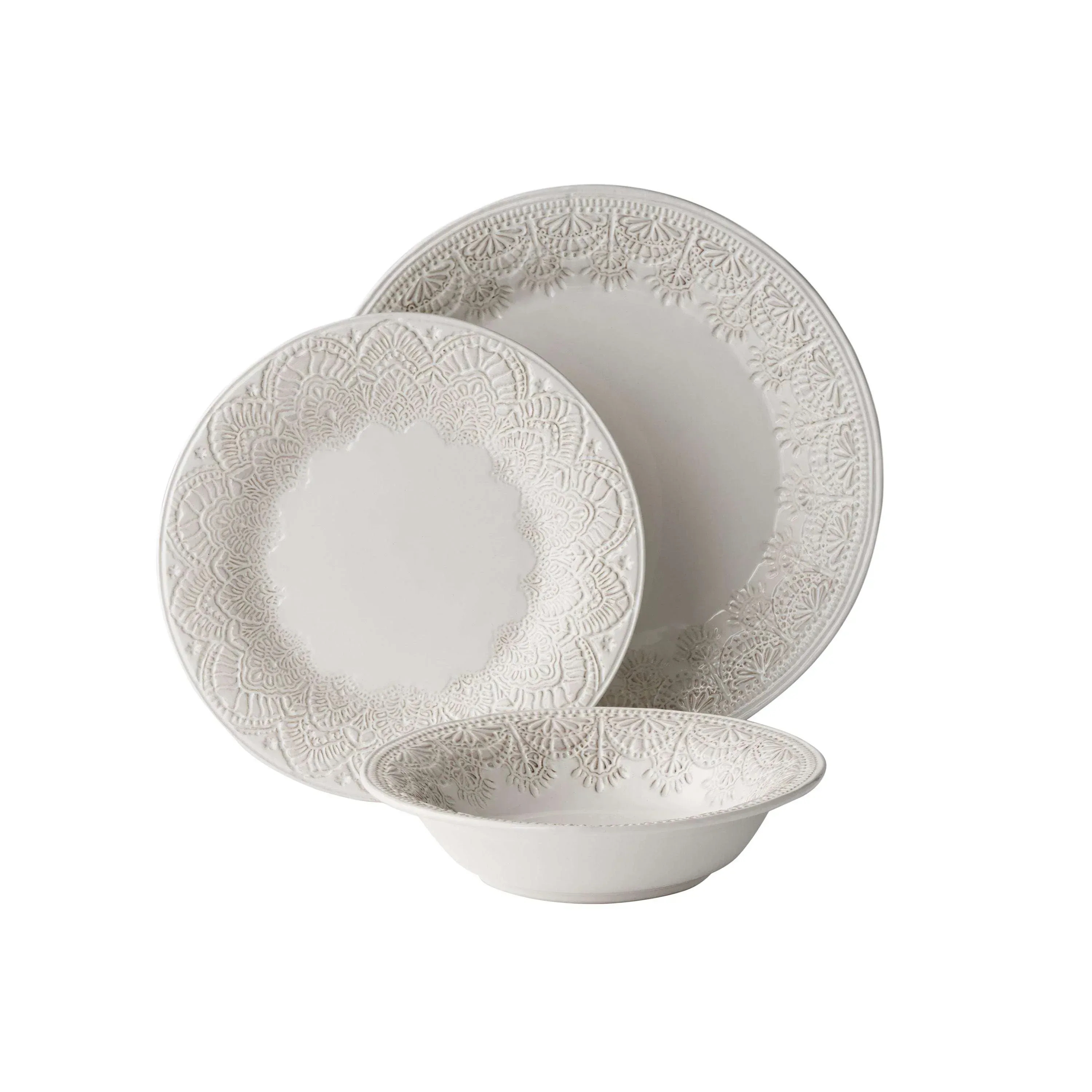 The Pioneer Woman Vintage Lace 12-Piece Ceramic Dinnerware Set, Caramel - Image 11