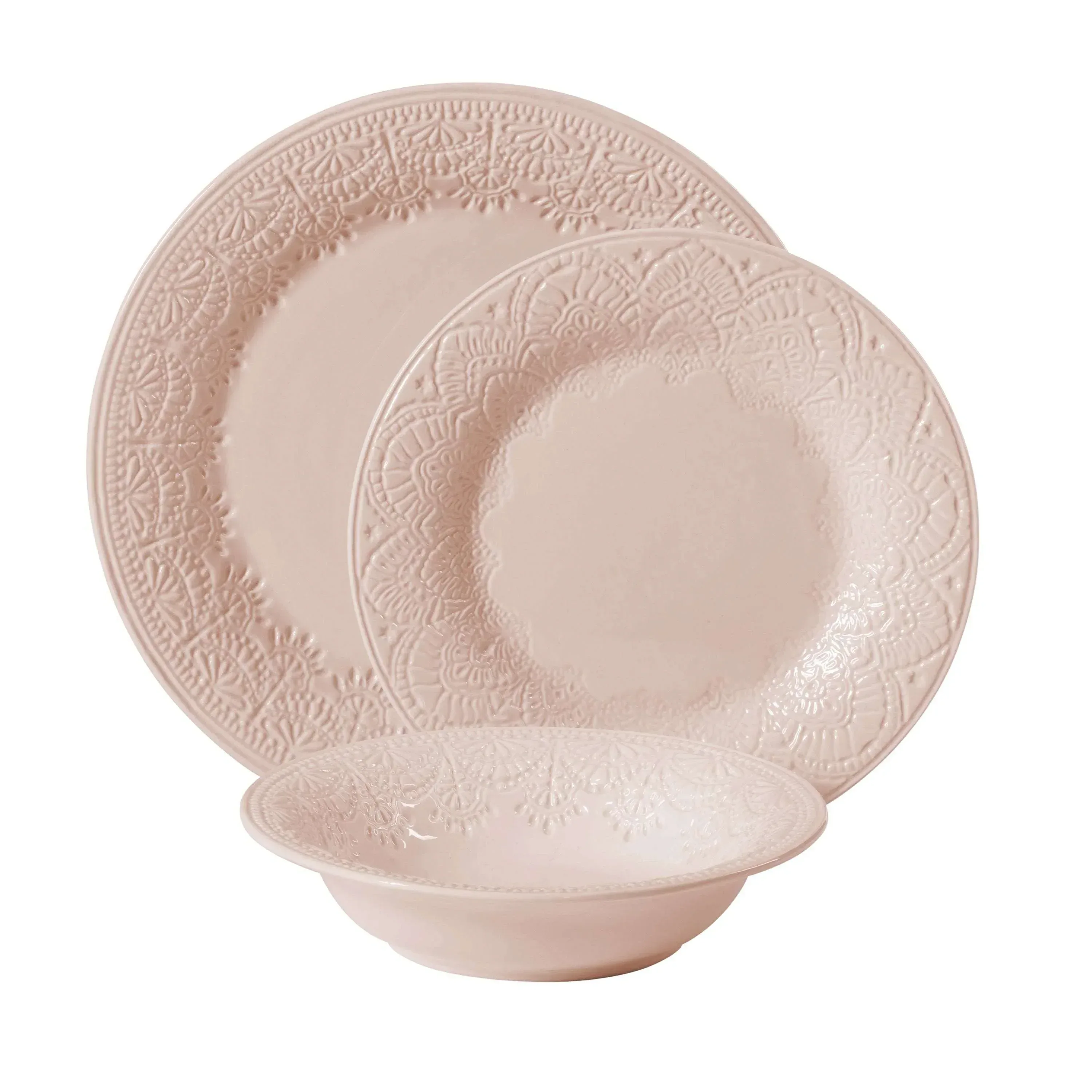 The Pioneer Woman Vintage Lace 12-Piece Ceramic Dinnerware Set, Caramel - Image 12